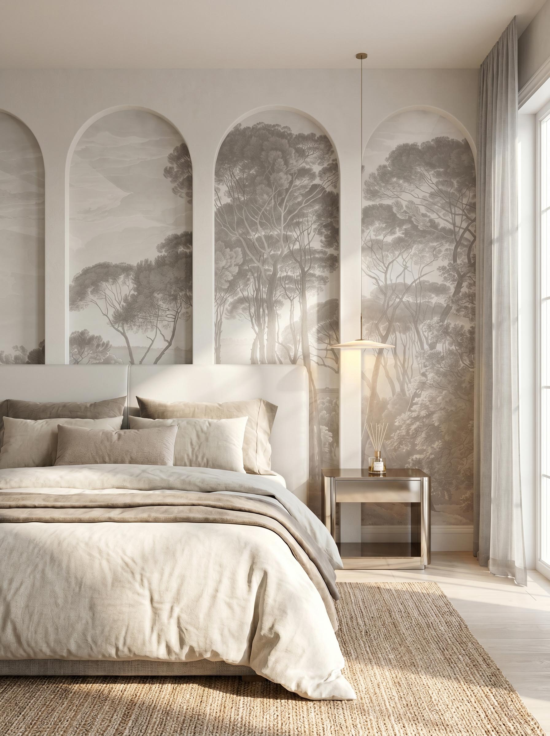 Interior room mockup featuring the Musee Timeless Canopy wall mural with a restored historical forest landscape, creating a majestic and cultured atmosphere.5 Interior room mockup featuring the Musee Timeless Canopy wall mural with a restored historical forest landscape, creating a majestic and cultured atmosphere.5