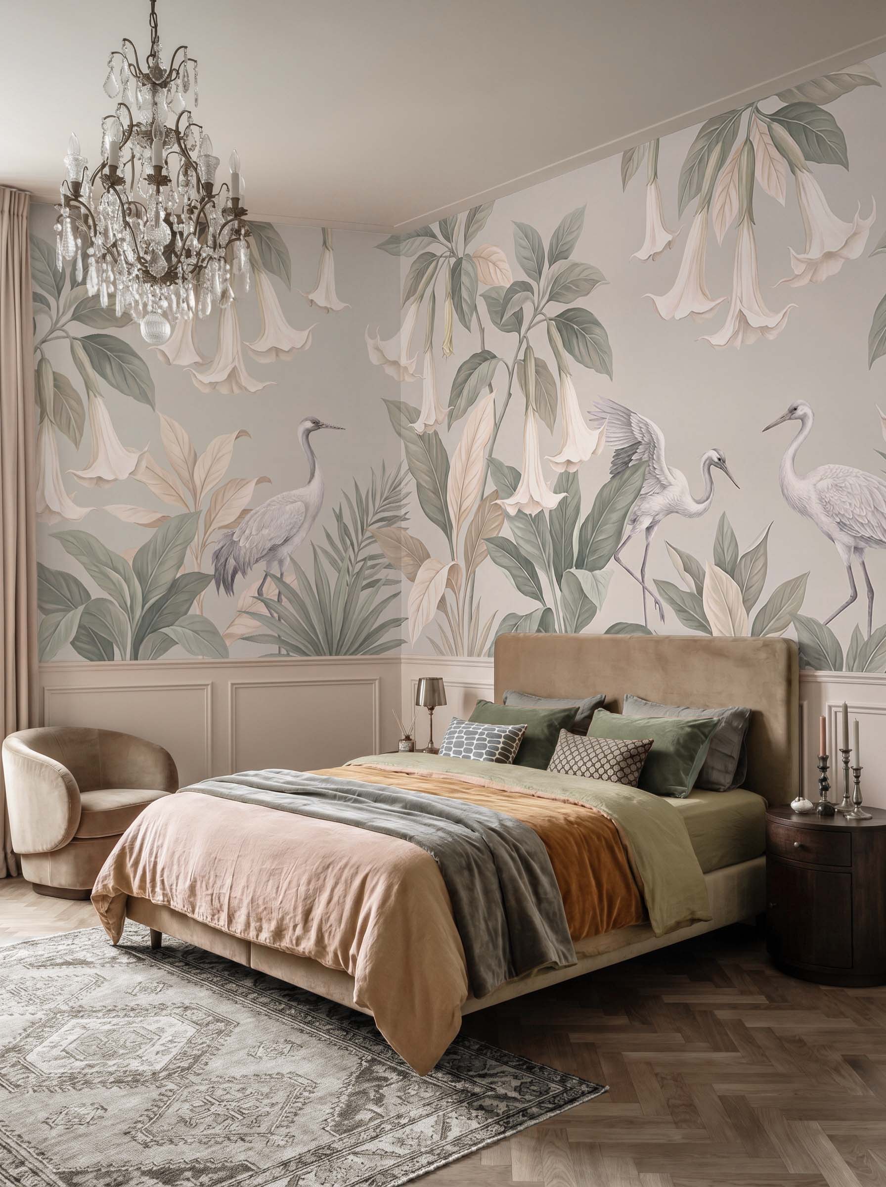 Interior room mockup featuring the Musee Whispering Cranes wall mural with elegant birds and lush foliage, creating a serene and sophisticated atmosphere.A Interior room mockup featuring the Musee Whispering Cranes wall mural with elegant birds and lush foliage, creating a serene and sophisticated atmosphere.A