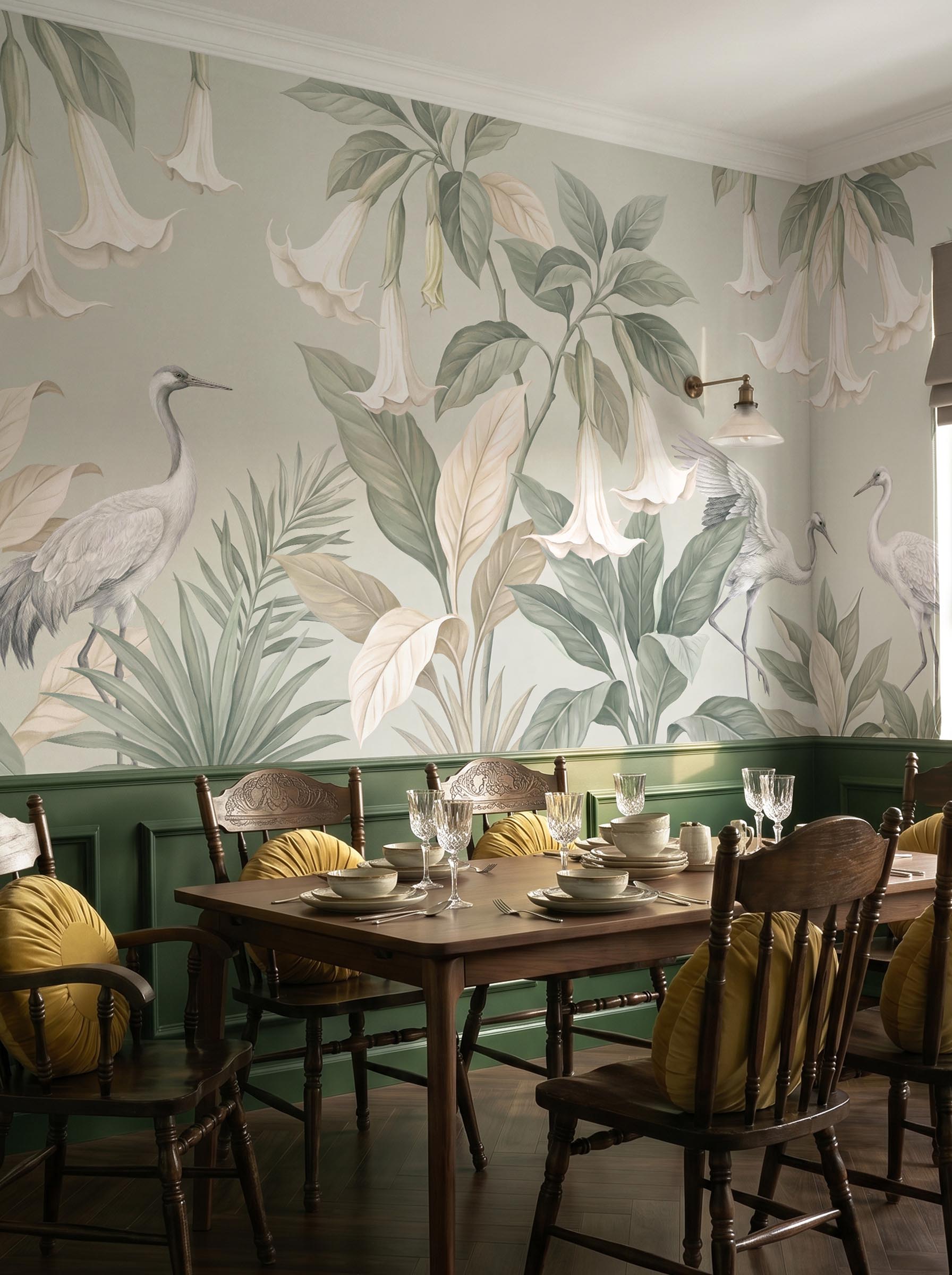 Interior room mockup featuring the Musee Whispering Cranes wall mural with elegant birds and lush foliage, creating a serene and sophisticated atmosphere.B Interior room mockup featuring the Musee Whispering Cranes wall mural with elegant birds and lush foliage, creating a serene and sophisticated atmosphere.B