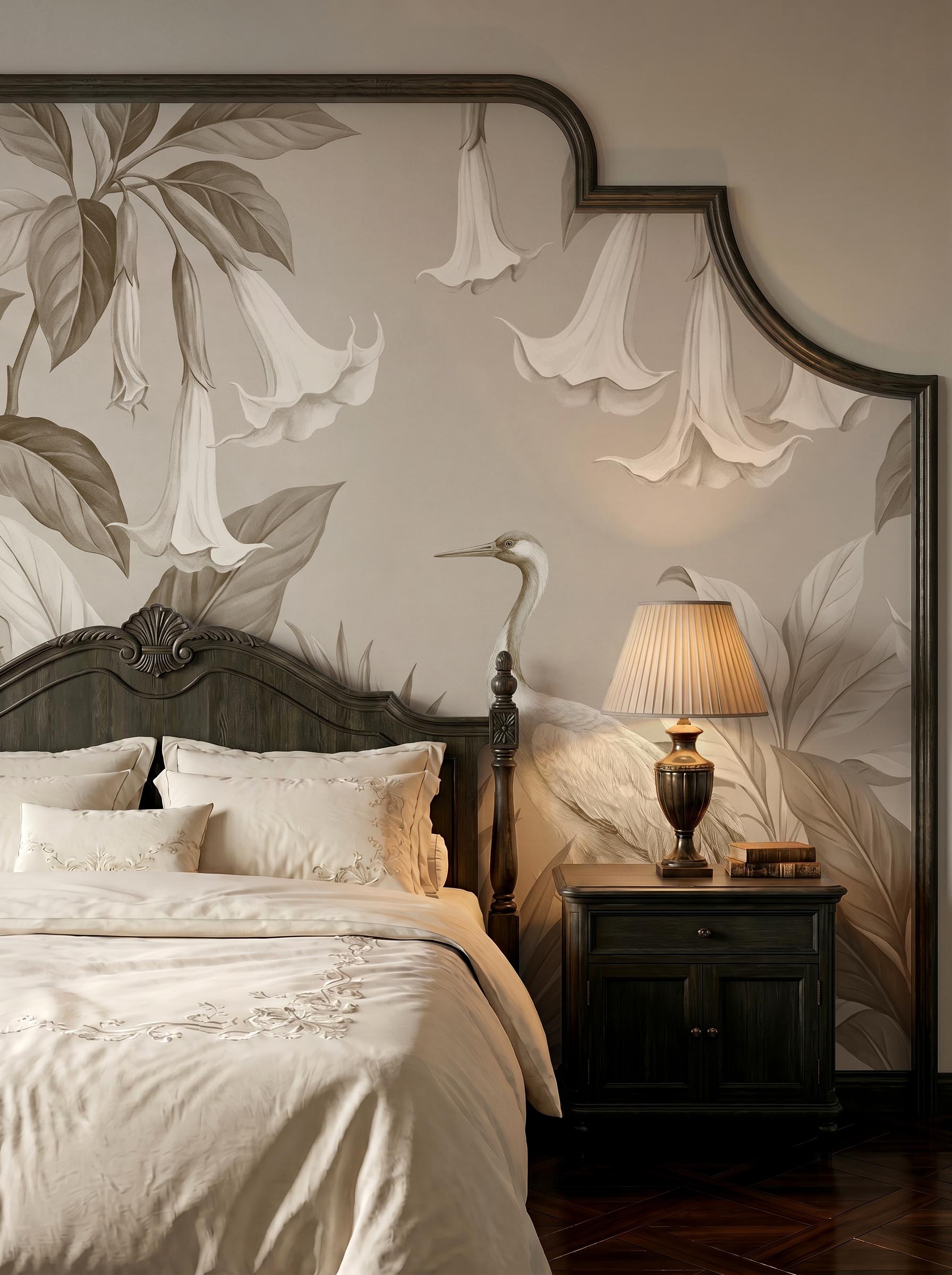 Interior room mockup featuring the Musee Whispering Cranes wall mural with elegant birds and lush foliage, creating a serene and sophisticated atmosphere.C Interior room mockup featuring the Musee Whispering Cranes wall mural with elegant birds and lush foliage, creating a serene and sophisticated atmosphere.C