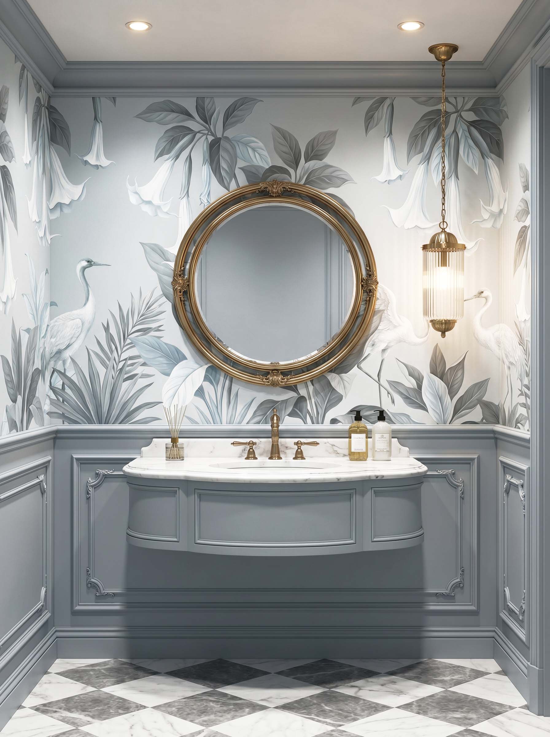 Interior room mockup featuring the Musee Whispering Cranes wall mural with elegant birds and lush foliage, creating a serene and sophisticated atmosphere.D Interior room mockup featuring the Musee Whispering Cranes wall mural with elegant birds and lush foliage, creating a serene and sophisticated atmosphere.D