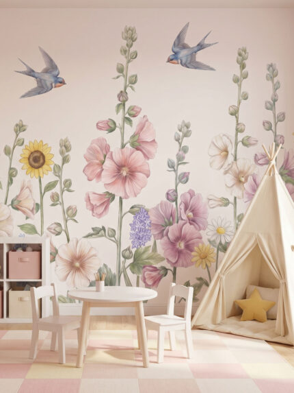 Musee product main image displaying the complete Floral Flight kids wallpaper pattern, featuring a seamless hand painted illustration of tall flowers, sunflowers, and swallows growing from the bot