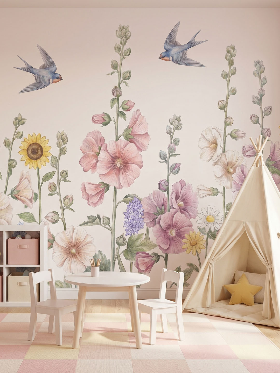 Musee product main image displaying the complete Floral Flight kids wallpaper pattern, featuring a seamless hand painted illustration of tall flowers, sunflowers, and swallows growing from the bot
