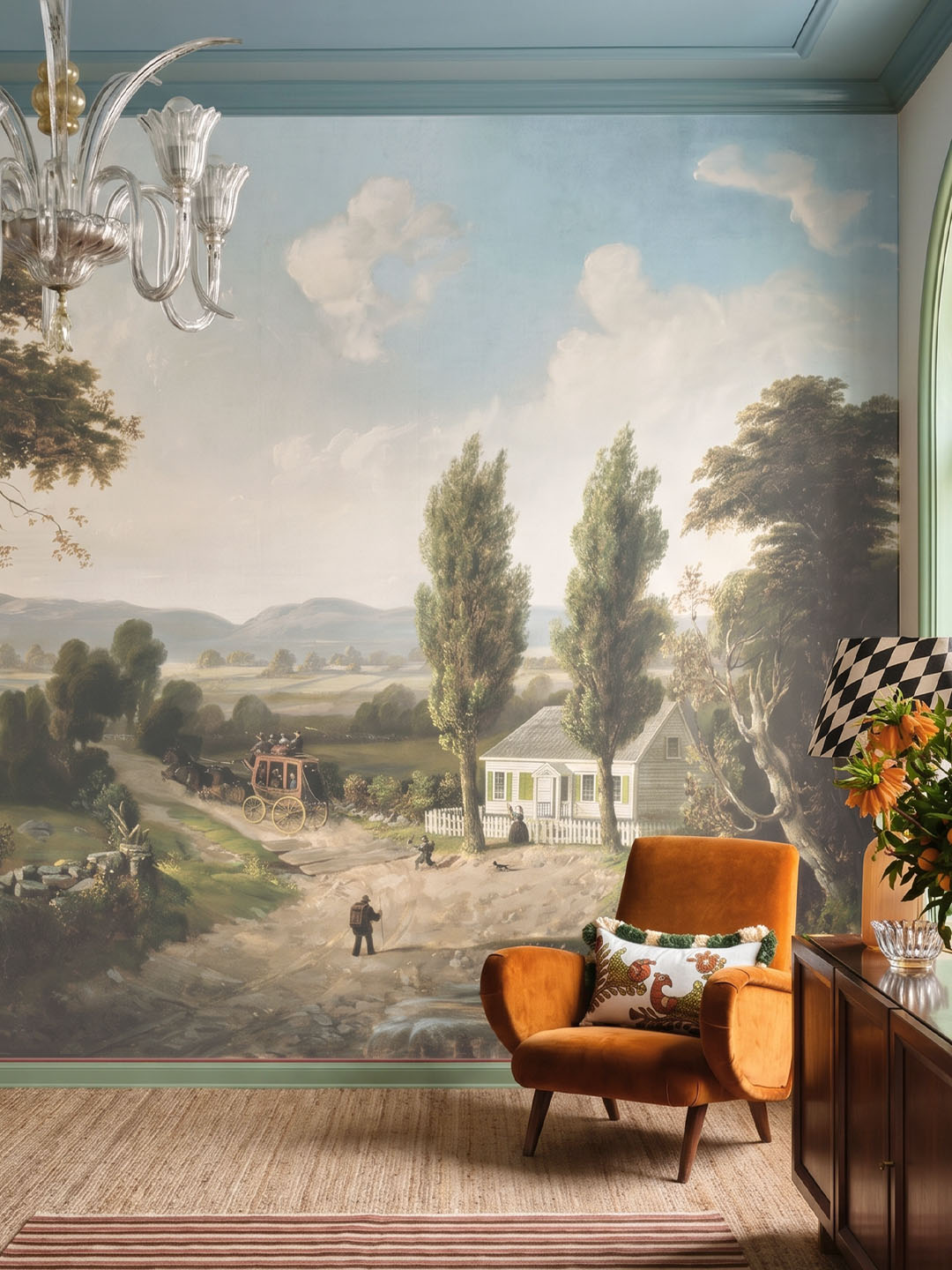 Musee product main image displaying the complete Pastoral Voyage wallpaper pattern, featuring a high definition restored classical landscape by Henry Boese with a stagecoach, cottage, and t Musee product main image displaying the complete Pastoral Voyage wallpaper pattern, featuring a high definition restored classical landscape by Henry Boese with a stagecoach, cottage, and t