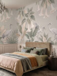 Musee product main image displaying the complete Whispering Cranes wallpaper pattern, featuring a seamless illustration of elegant cranes, lush leaves, and trumpet shaped flowers on a soft