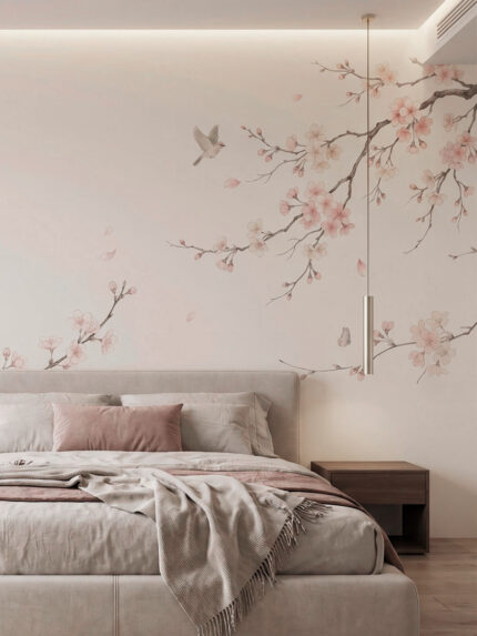 Musee custom wall mural featuring elegant cherry blossom branches, falling petals, flying birds, and butterflies in a traditional serene Chinoiserie style.
