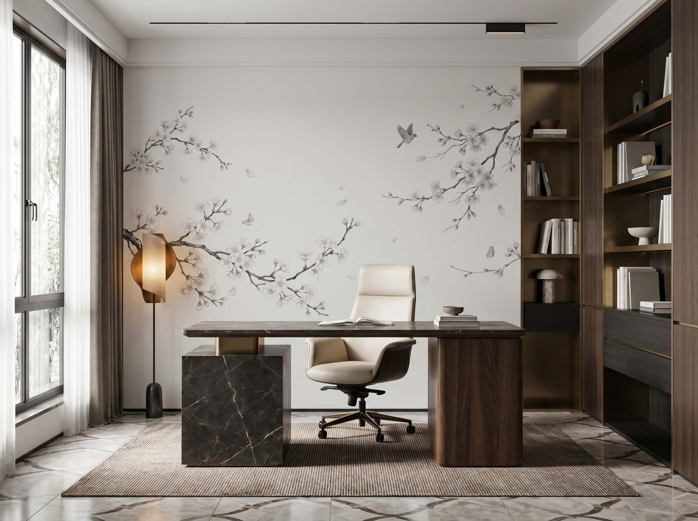 Musee | Sakura Serenade Wall Mural Musee custom wall mural featuring elegant cherry blossom branches, falling petals, flying birds, and butterflies in a traditional serene Chinoiserie style.