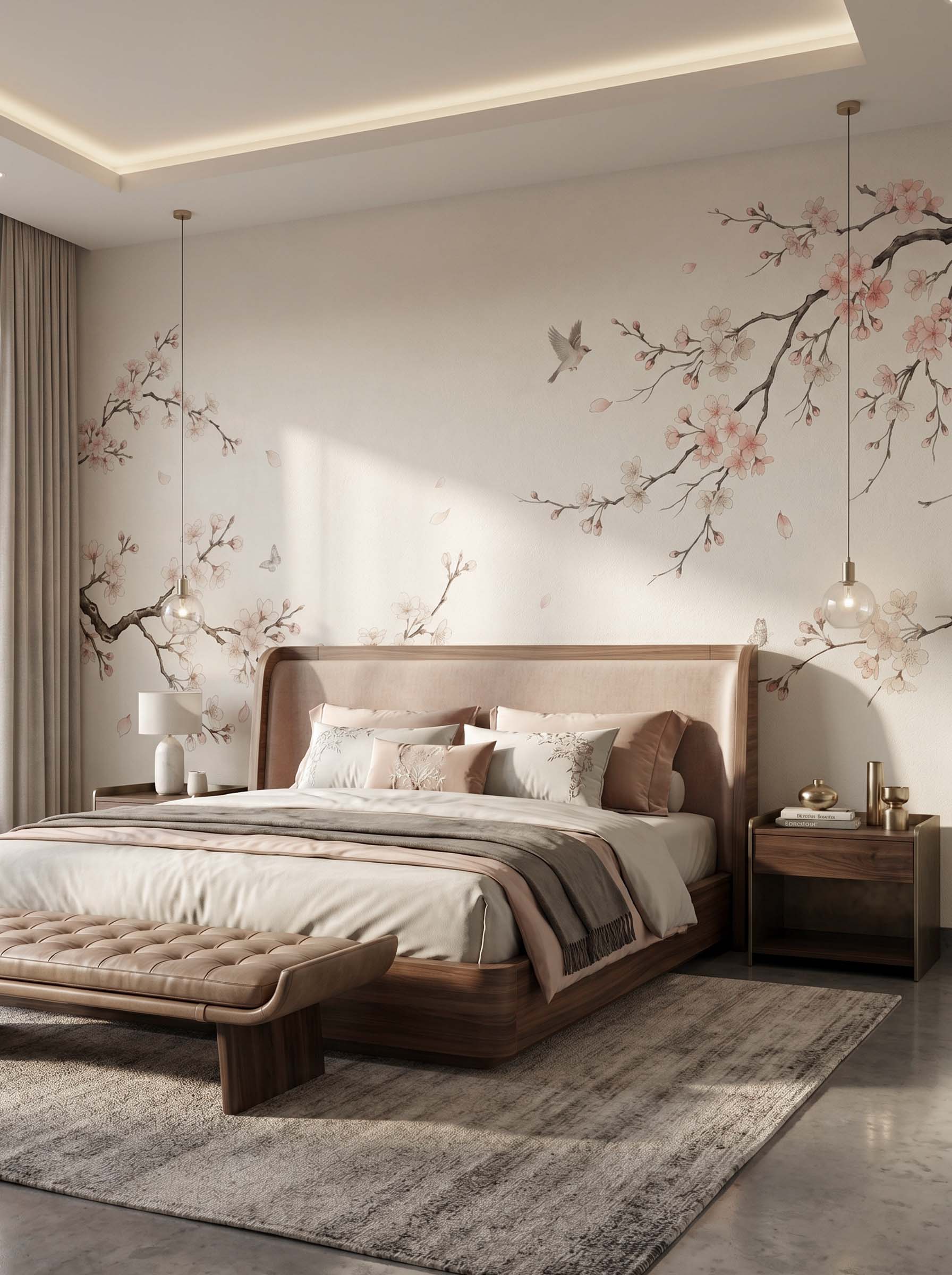 Musee | Sakura Serenade Wall Mural Musee custom wall mural featuring elegant cherry blossom branches, falling petals, flying birds, and butterflies in a traditional serene Chinoiserie style.