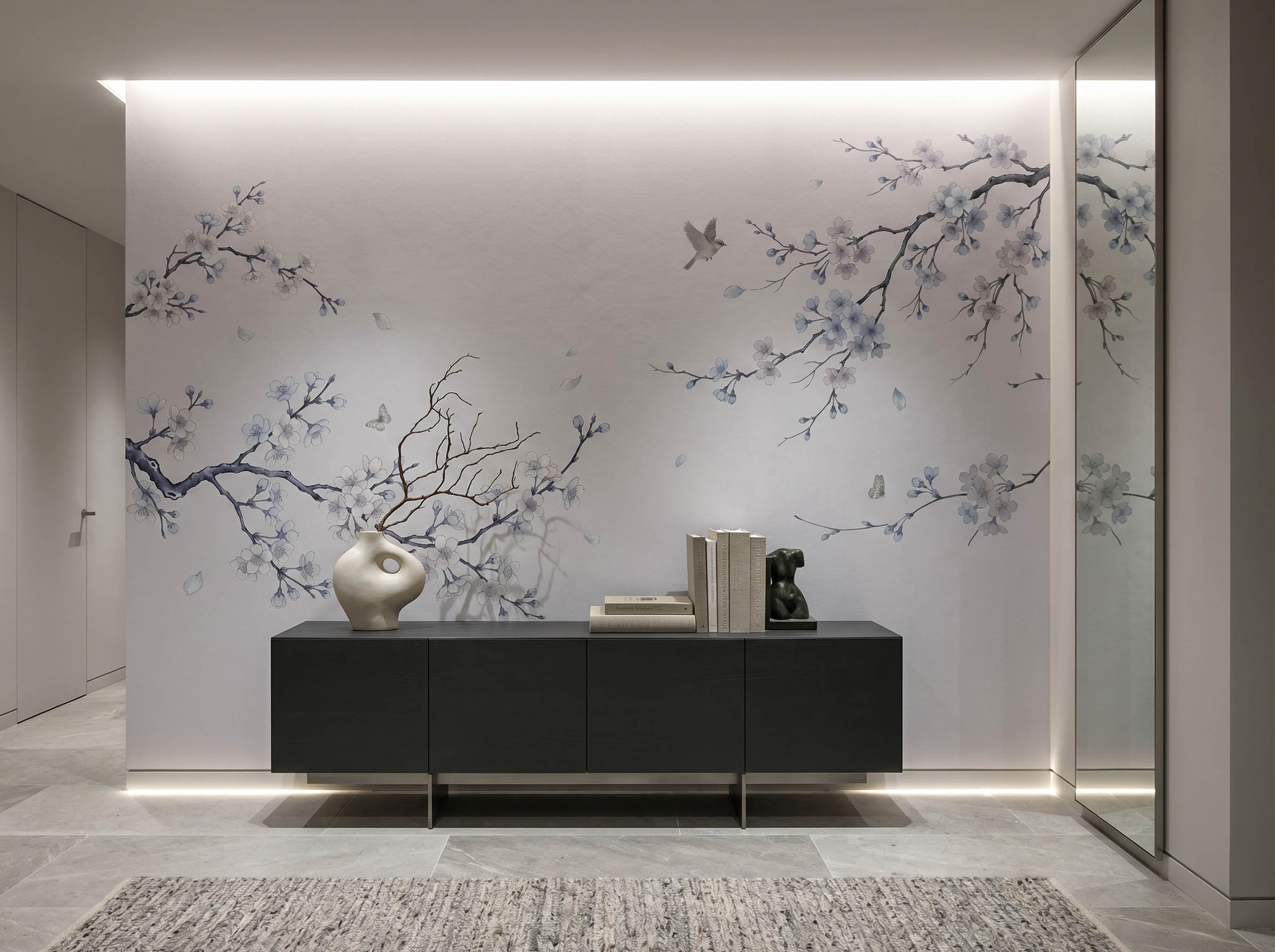 Musee | Sakura Serenade Wall Mural Musee custom wall mural featuring elegant cherry blossom branches, falling petals, flying birds, and butterflies in a traditional serene Chinoiserie style.