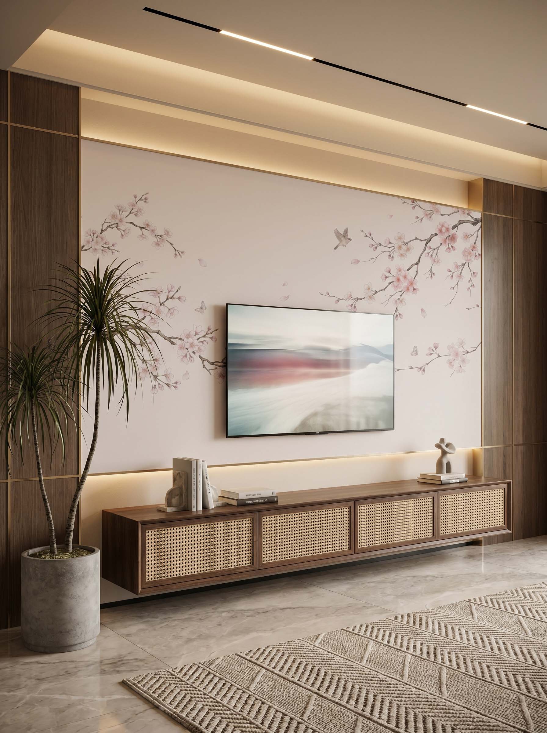 Musee | Sakura Serenade Wall Mural Musee custom wall mural featuring elegant cherry blossom branches, falling petals, flying birds, and butterflies in a traditional serene Chinoiserie style.