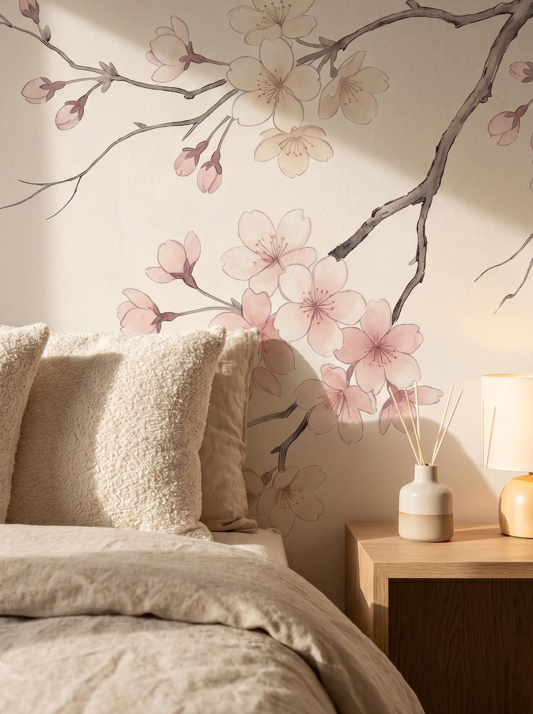 Musee | Sakura Serenade Wall Mural Musee custom wall mural featuring elegant cherry blossom branches, falling petals, flying birds, and butterflies in a traditional serene Chinoiserie style.