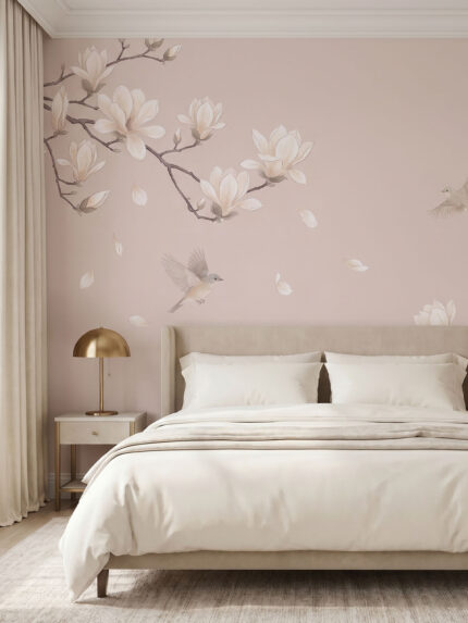 Musee custom wall mural featuring elegant blooming magnolia branches, falling petals, and flying birds in a serene, traditional Chinoiserie style.