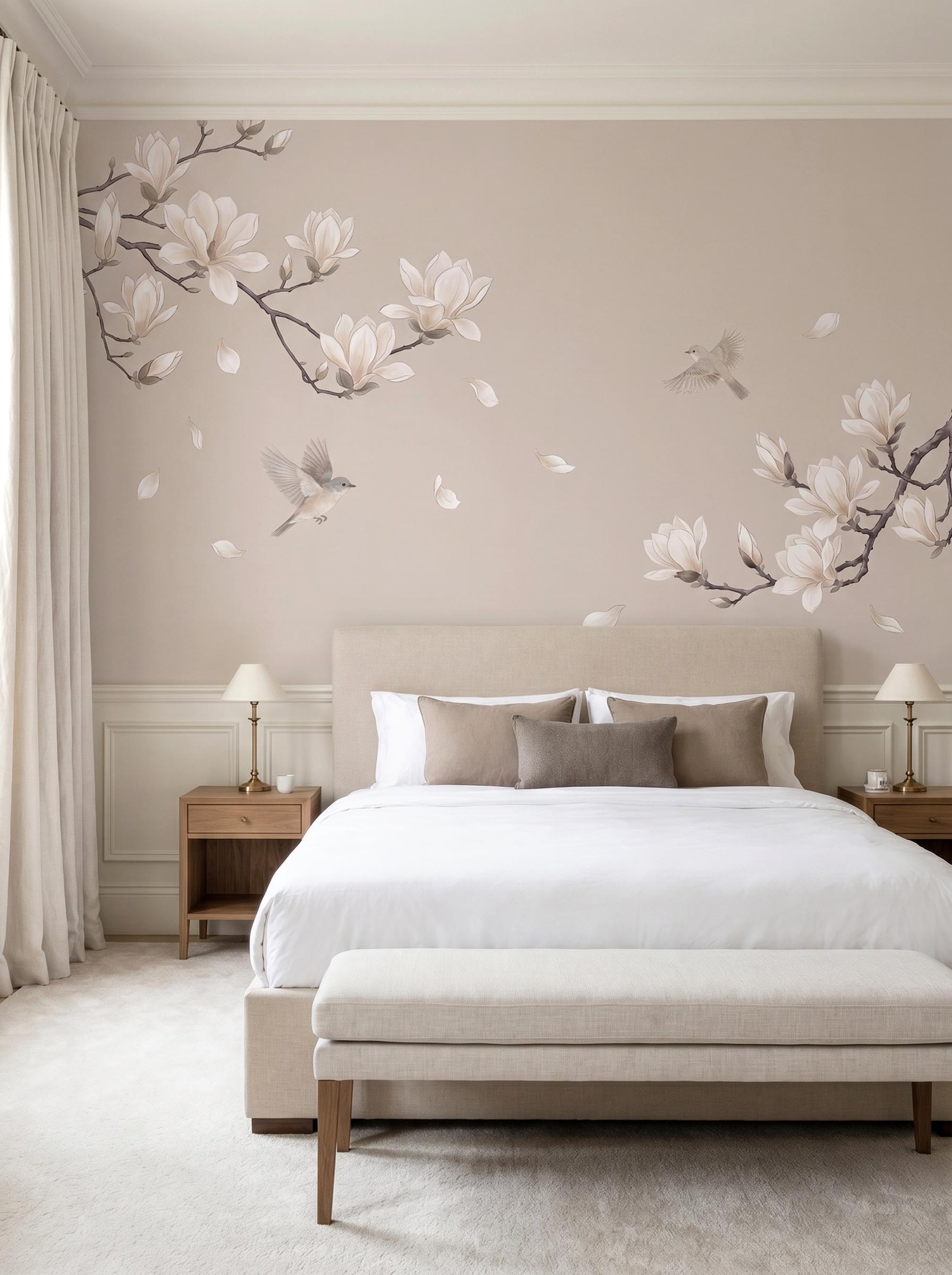 Z018 样机1 Musee custom wall mural featuring elegant blooming magnolia branches, falling petals, and flying birds in a serene, traditional Chinoiserie style.