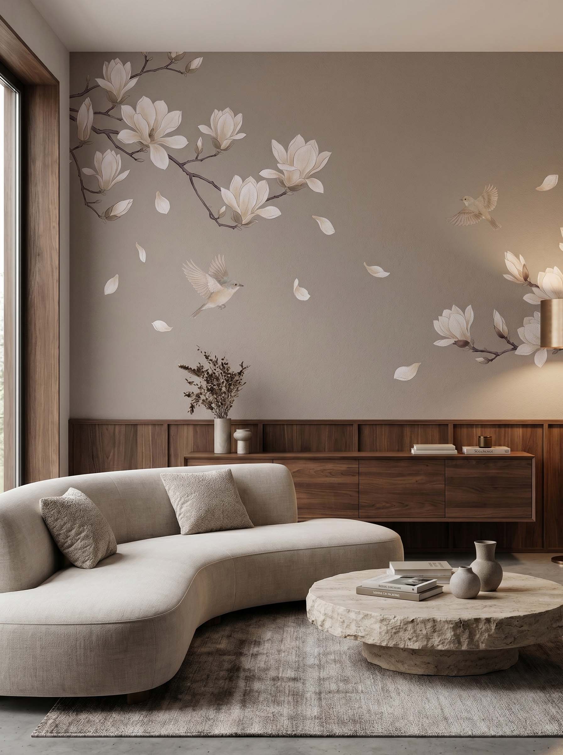 Z018 样机2 Musee custom wall mural featuring elegant blooming magnolia branches, falling petals, and flying birds in a serene, traditional Chinoiserie style.
