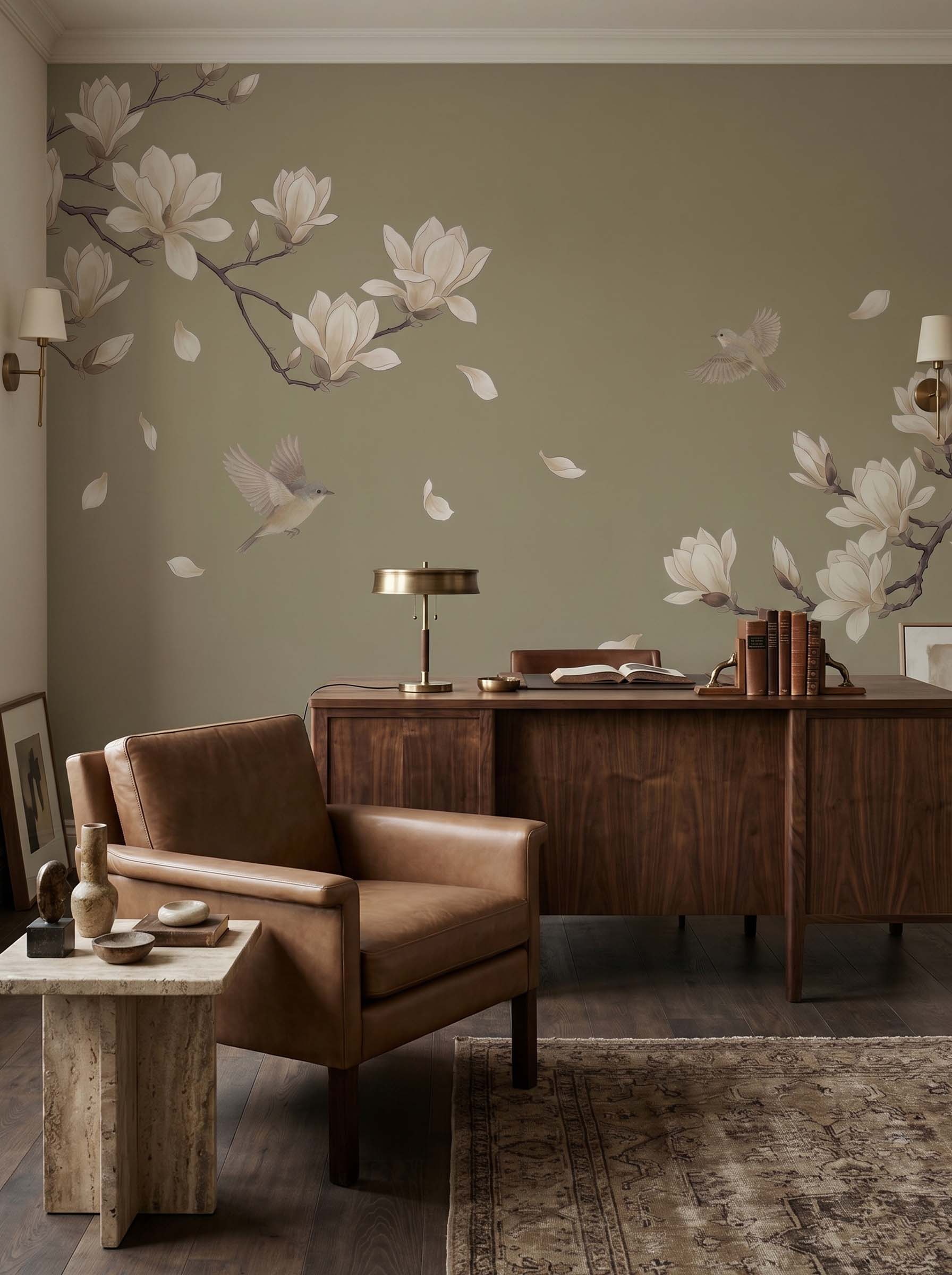 Z018 样机3 Musee custom wall mural featuring elegant blooming magnolia branches, falling petals, and flying birds in a serene, traditional Chinoiserie style.