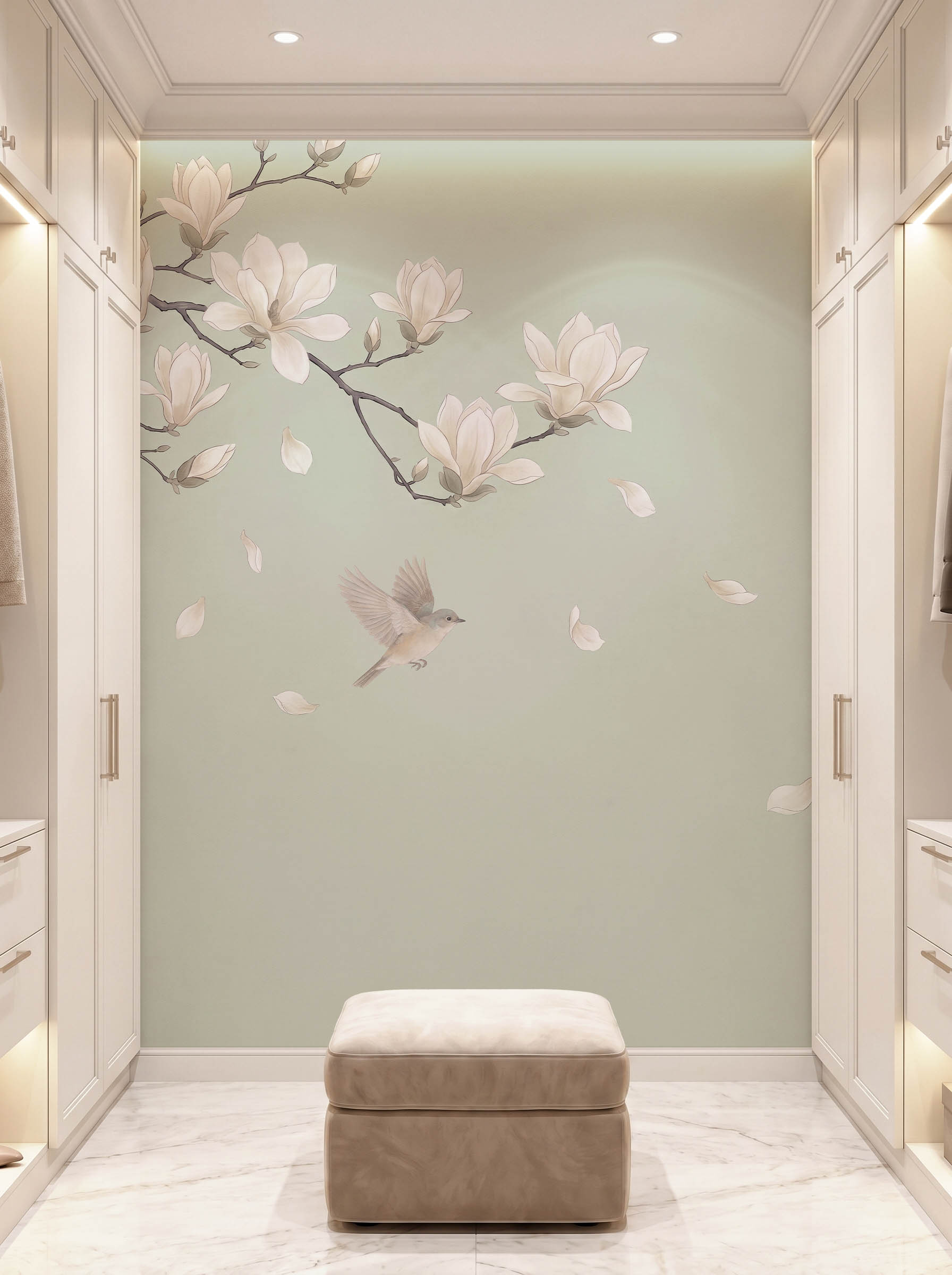 Z018 样机4 Musee custom wall mural featuring elegant blooming magnolia branches, falling petals, and flying birds in a serene, traditional Chinoiserie style.