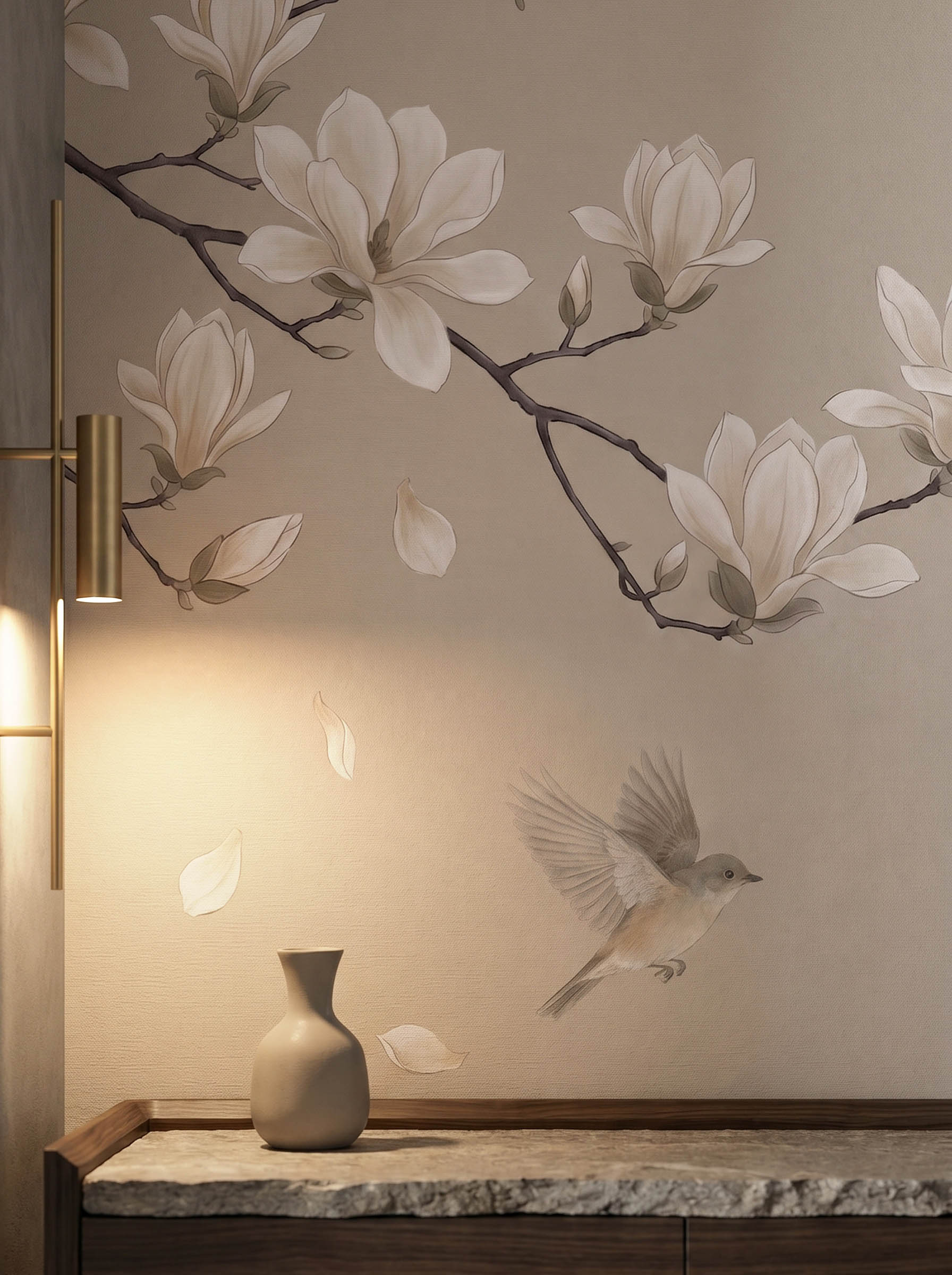 Z018 样机5 Musee custom wall mural featuring elegant blooming magnolia branches, falling petals, and flying birds in a serene, traditional Chinoiserie style.