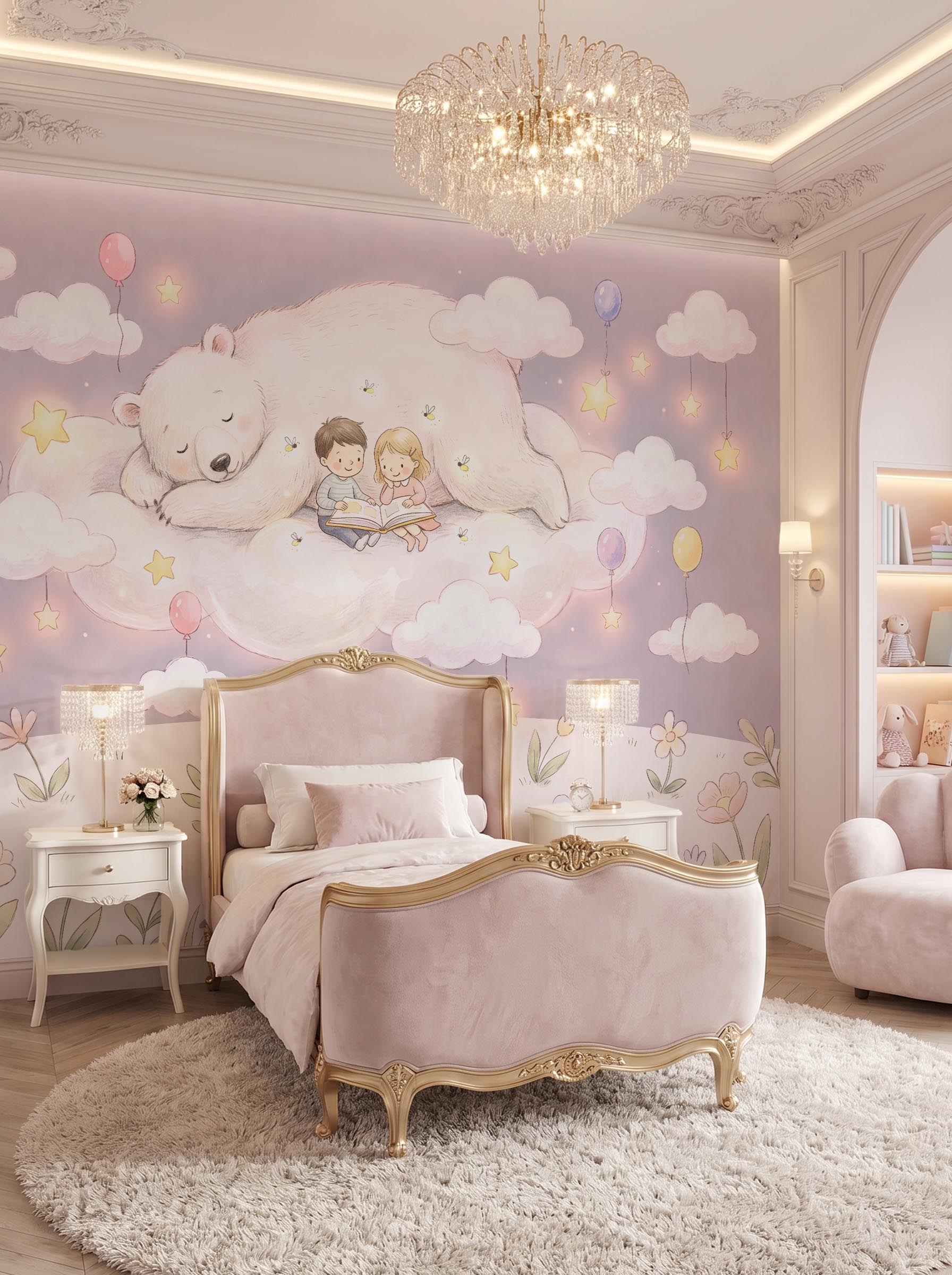 Interior room mockup featuring the Musee Cloudland Storytime wall mural with a watercolor bear and children, creating a peaceful and imaginative kids room atmosphere.1 Interior room mockup featuring the Musee Cloudland Storytime wall mural with a watercolor bear and children, creating a peaceful and imaginative kids room atmosphere.1