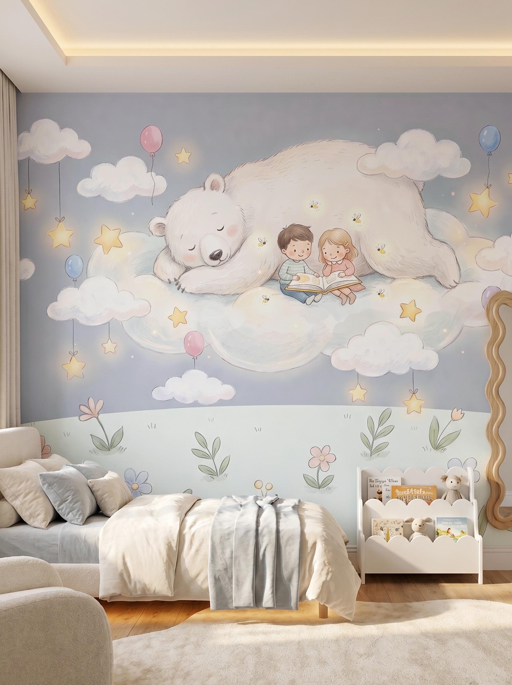 Interior room mockup featuring the Musee Cloudland Storytime wall mural with a watercolor bear and children, creating a peaceful and imaginative kids room atmosphere.2 Interior room mockup featuring the Musee Cloudland Storytime wall mural with a watercolor bear and children, creating a peaceful and imaginative kids room atmosphere.2