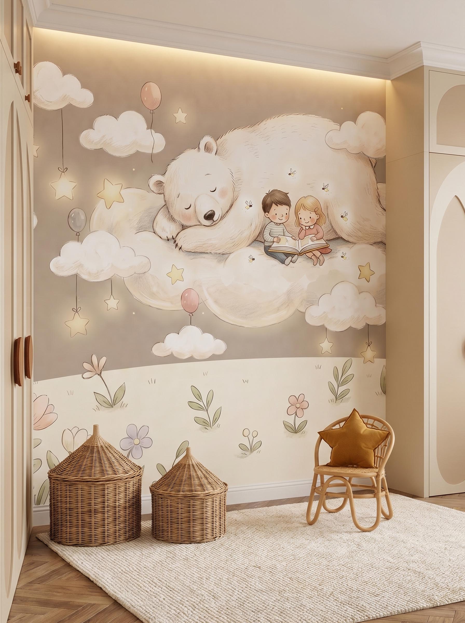 Interior room mockup featuring the Musee Cloudland Storytime wall mural with a watercolor bear and children, creating a peaceful and imaginative kids room atmosphere.3 Interior room mockup featuring the Musee Cloudland Storytime wall mural with a watercolor bear and children, creating a peaceful and imaginative kids room atmosphere.3