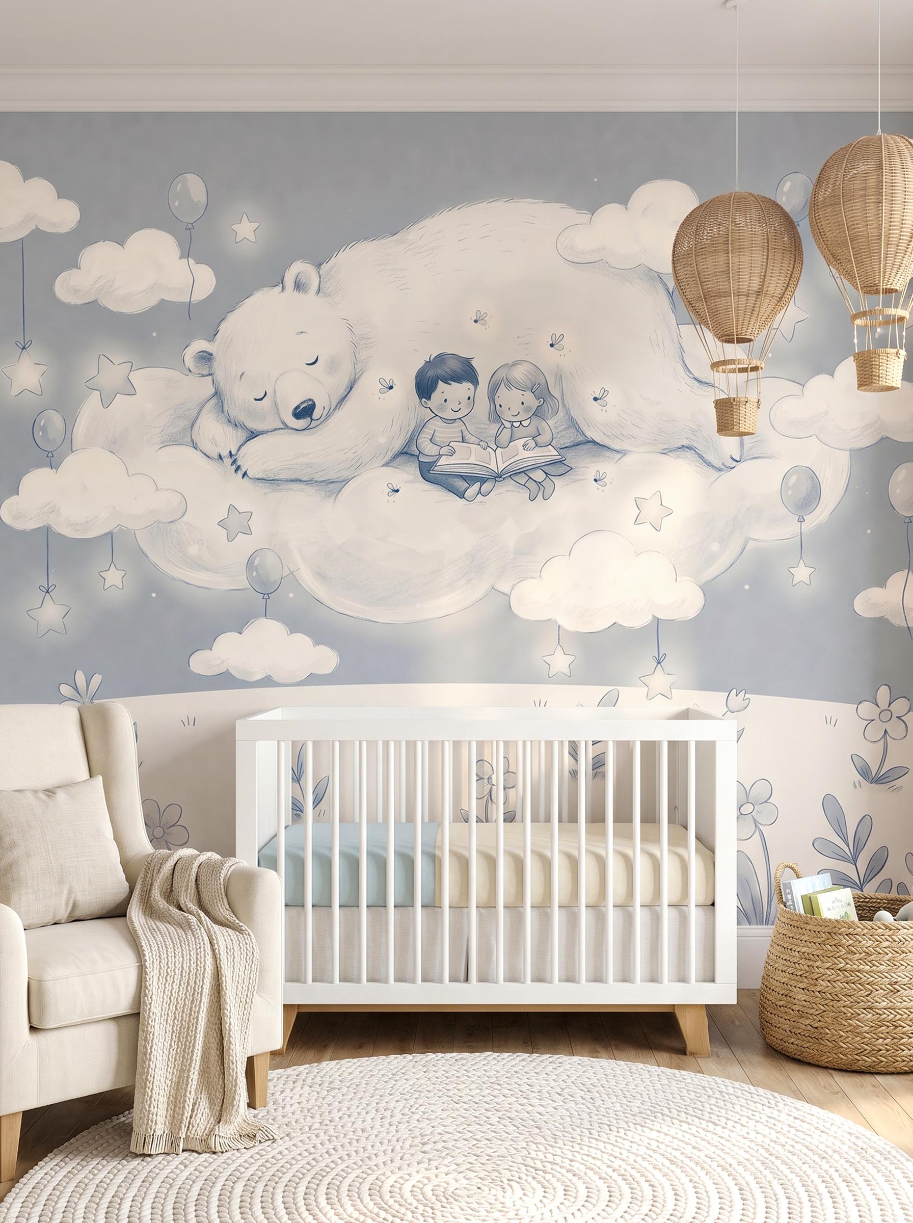 Interior room mockup featuring the Musee Cloudland Storytime wall mural with a watercolor bear and children, creating a peaceful and imaginative kids room atmosphere.4 Interior room mockup featuring the Musee Cloudland Storytime wall mural with a watercolor bear and children, creating a peaceful and imaginative kids room atmosphere.4