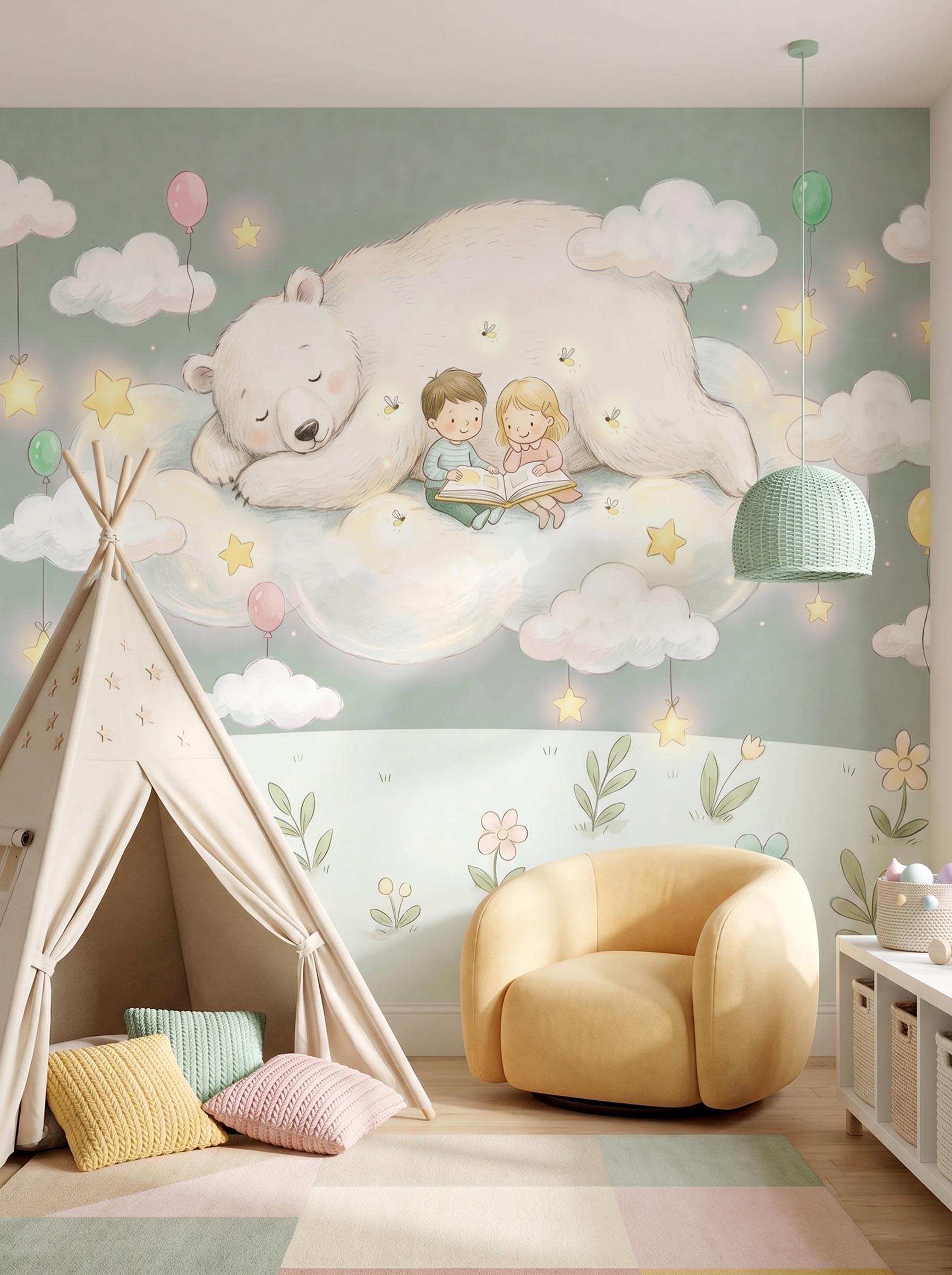 Interior room mockup featuring the Musee Cloudland Storytime wall mural with a watercolor bear and children, creating a peaceful and imaginative kids room atmosphere.5 Interior room mockup featuring the Musee Cloudland Storytime wall mural with a watercolor bear and children, creating a peaceful and imaginative kids room atmosphere.5