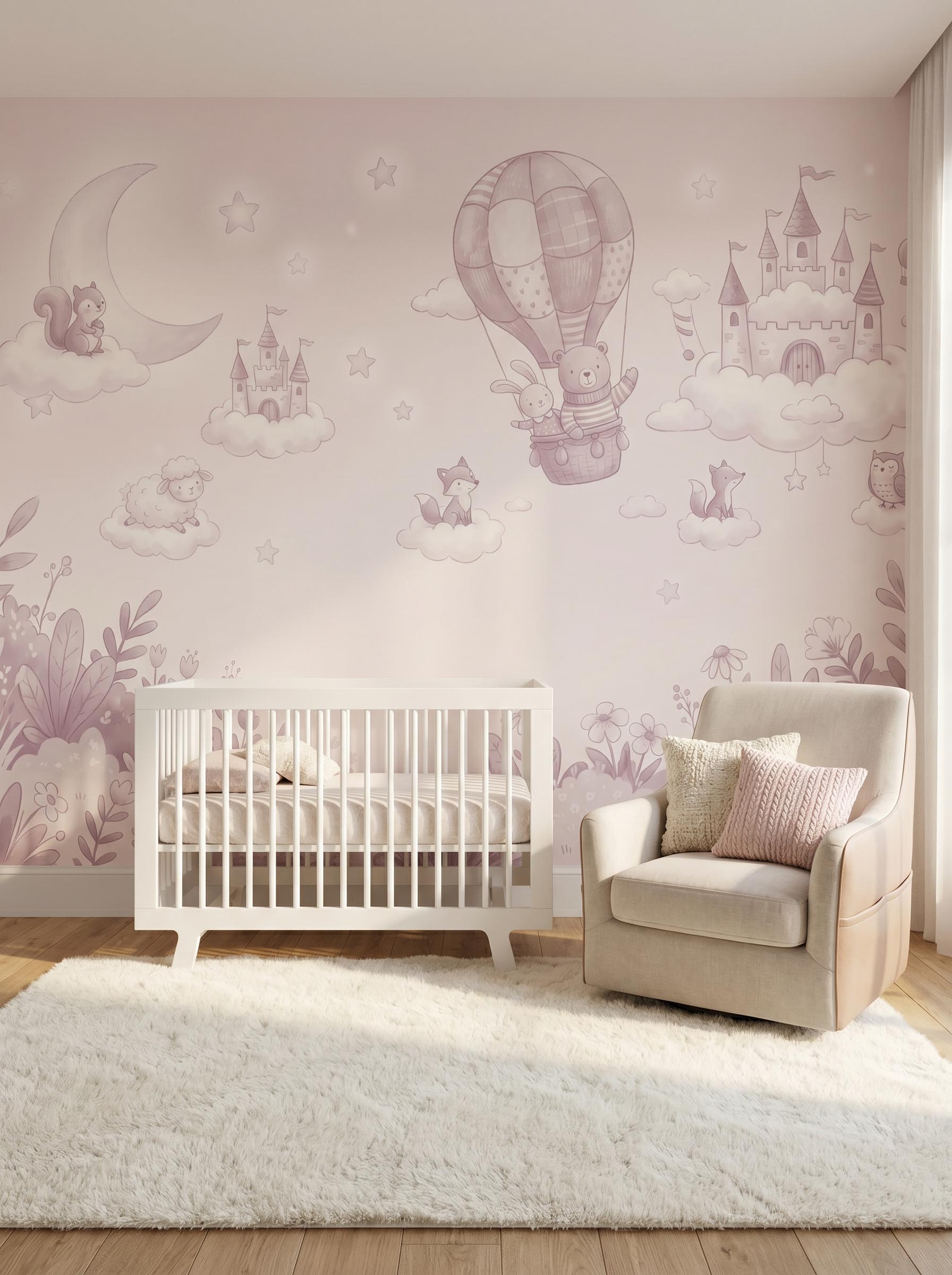Interior room mockup featuring the Musee Dreamland Castles wall mural with watercolor cloud castles and animals, creating a magical and imaginative kids room atmosphere.1 Interior room mockup featuring the Musee Dreamland Castles wall mural with watercolor cloud castles and animals, creating a magical and imaginative kids room atmosphere.1