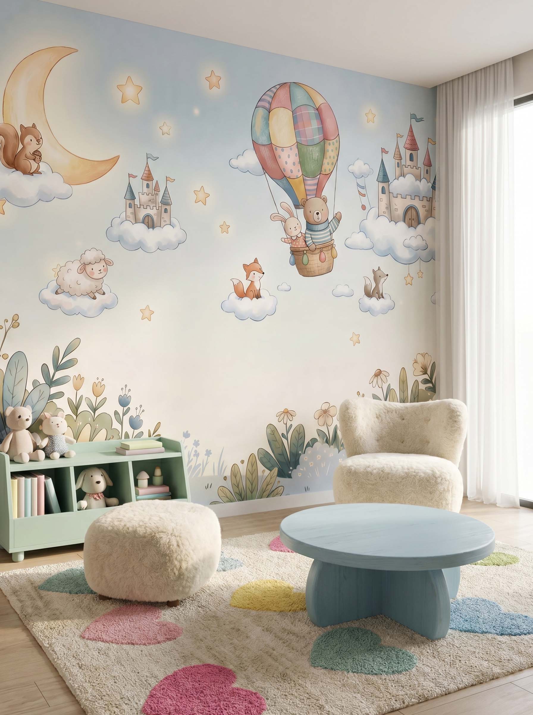 Interior room mockup featuring the Musee Dreamland Castles wall mural with watercolor cloud castles and animals, creating a magical and imaginative kids room atmosphere.2 Interior room mockup featuring the Musee Dreamland Castles wall mural with watercolor cloud castles and animals, creating a magical and imaginative kids room atmosphere.2