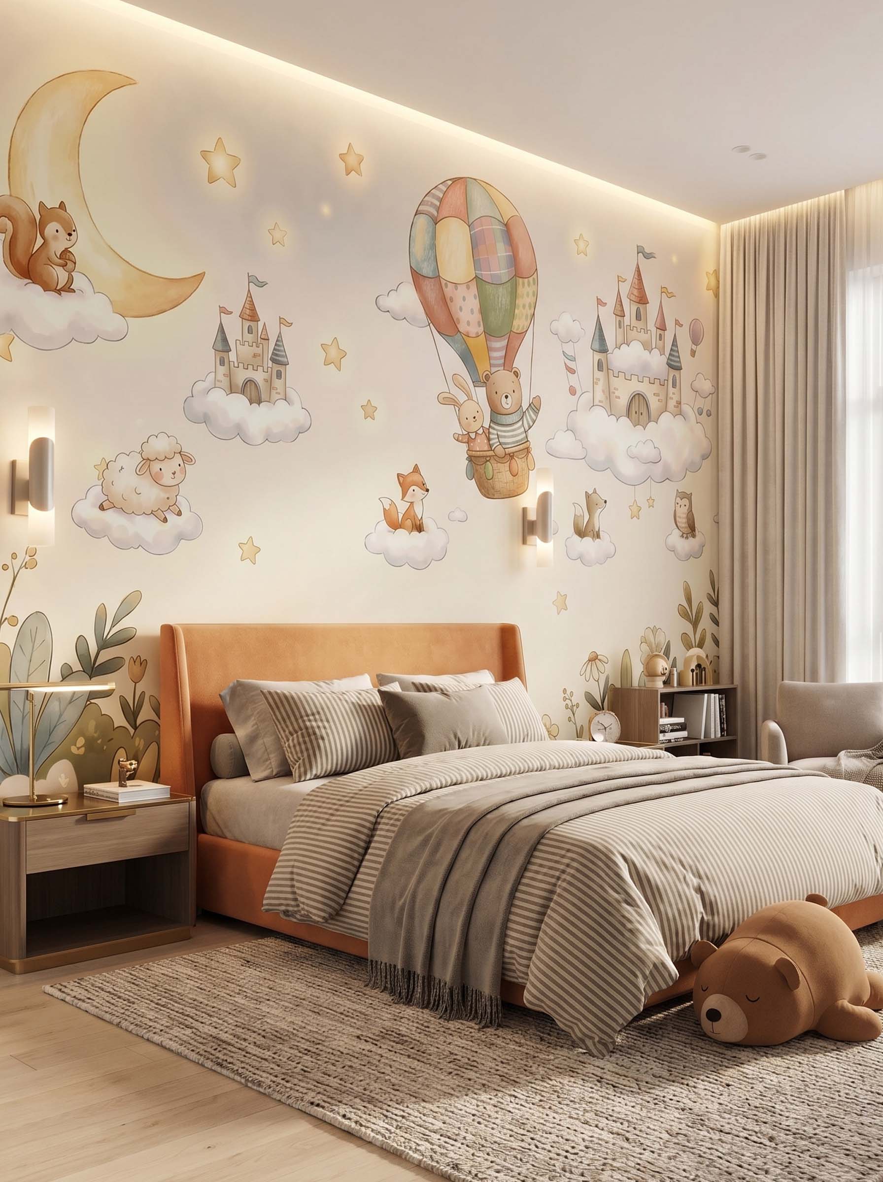 Interior room mockup featuring the Musee Dreamland Castles wall mural with watercolor cloud castles and animals, creating a magical and imaginative kids room atmosphere.3 Interior room mockup featuring the Musee Dreamland Castles wall mural with watercolor cloud castles and animals, creating a magical and imaginative kids room atmosphere.3