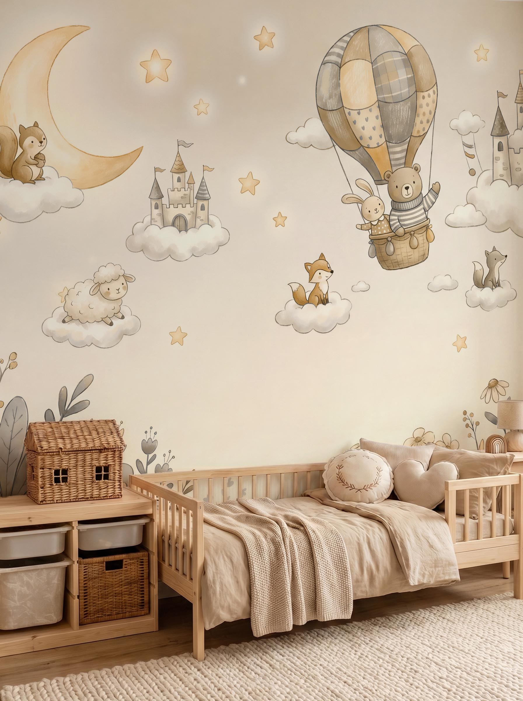 Interior room mockup featuring the Musee Dreamland Castles wall mural with watercolor cloud castles and animals, creating a magical and imaginative kids room atmosphere.4 Interior room mockup featuring the Musee Dreamland Castles wall mural with watercolor cloud castles and animals, creating a magical and imaginative kids room atmosphere.4
