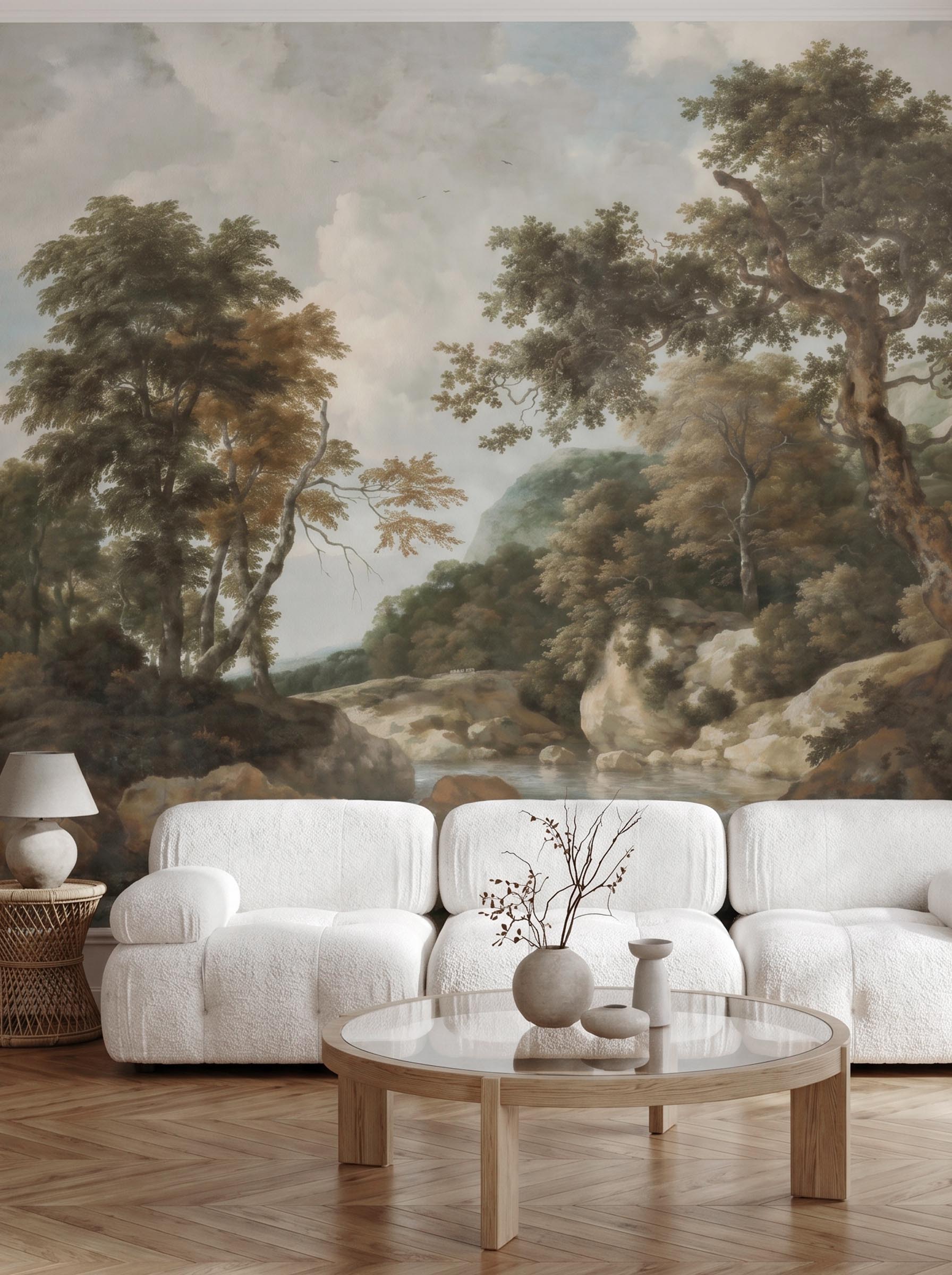Interior room mockup featuring the Musee Forest Cascade wall mural with a restored historical woodland landscape, creating an elegant and cultured atmosphere.1 Interior room mockup featuring the Musee Forest Cascade wall mural with a restored historical woodland landscape, creating an elegant and cultured atmosphere.1