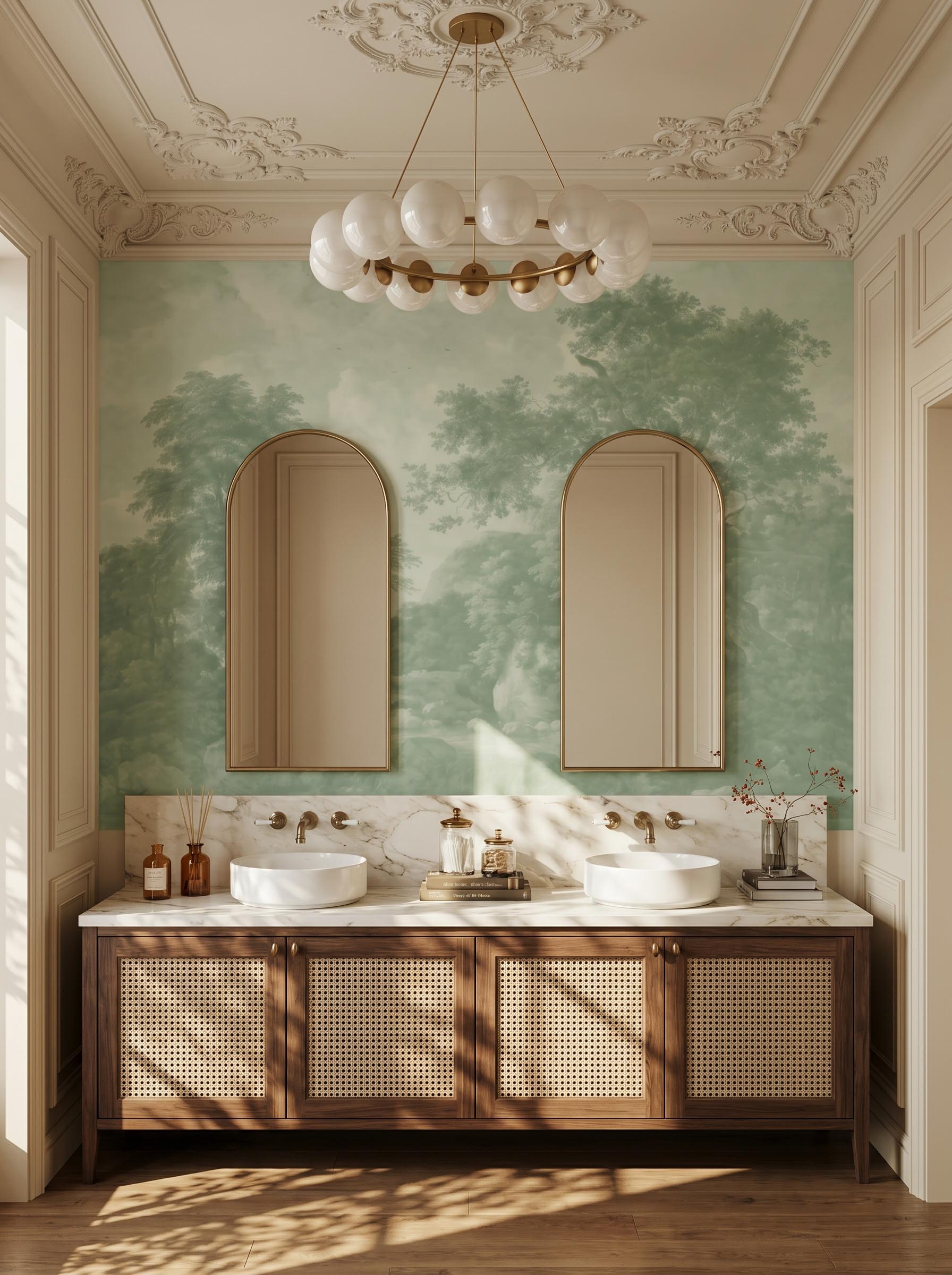 Interior room mockup featuring the Musee Forest Cascade wall mural with a restored historical woodland landscape, creating an elegant and cultured atmosphere.2 Interior room mockup featuring the Musee Forest Cascade wall mural with a restored historical woodland landscape, creating an elegant and cultured atmosphere.2