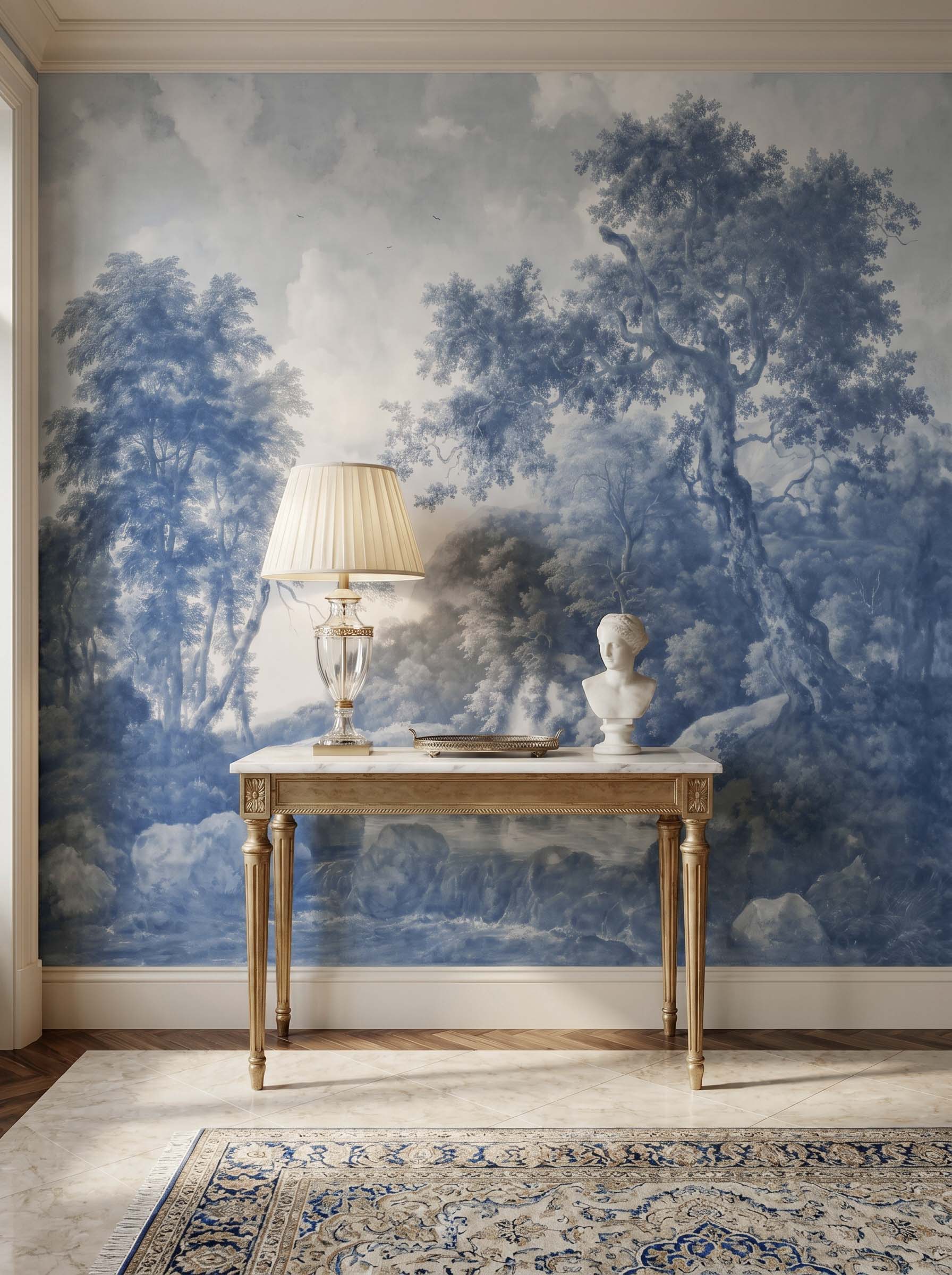 Interior room mockup featuring the Musee Forest Cascade wall mural with a restored historical woodland landscape, creating an elegant and cultured atmosphere.3 Interior room mockup featuring the Musee Forest Cascade wall mural with a restored historical woodland landscape, creating an elegant and cultured atmosphere.3