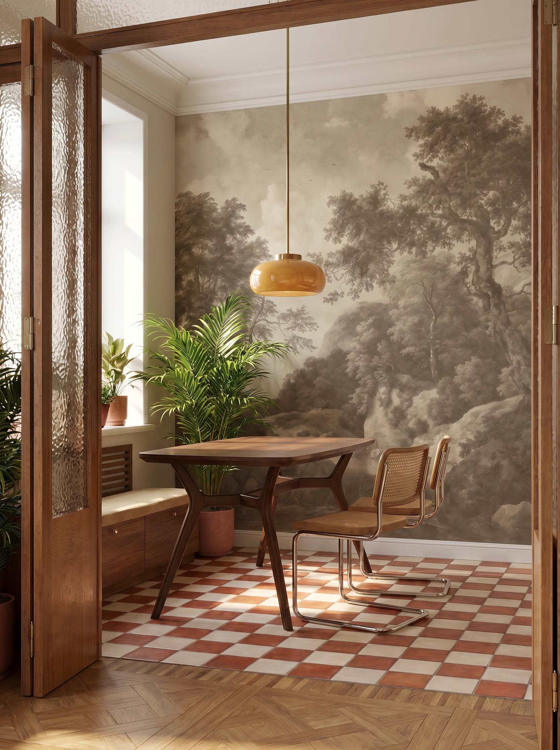 Interior room mockup featuring the Musee Forest Cascade wall mural with a restored historical woodland landscape, creating an elegant and cultured atmosphere.4 Interior room mockup featuring the Musee Forest Cascade wall mural with a restored historical woodland landscape, creating an elegant and cultured atmosphere.4