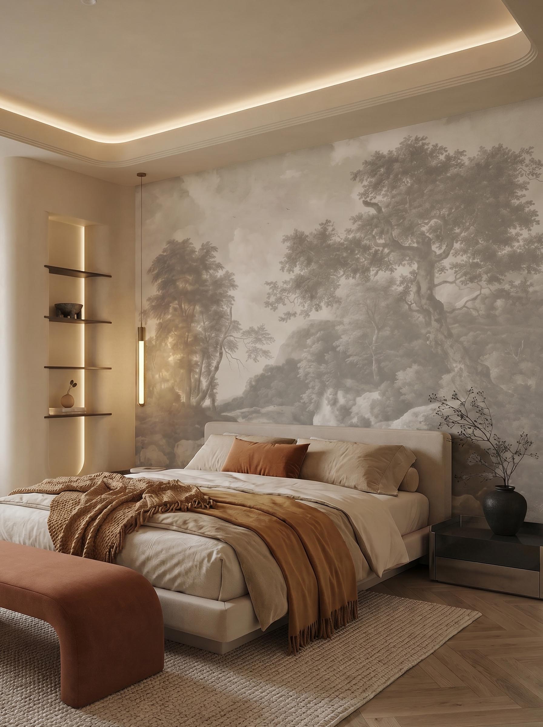Interior room mockup featuring the Musee Forest Cascade wall mural with a restored historical woodland landscape, creating an elegant and cultured atmosphere.5 Interior room mockup featuring the Musee Forest Cascade wall mural with a restored historical woodland landscape, creating an elegant and cultured atmosphere.5