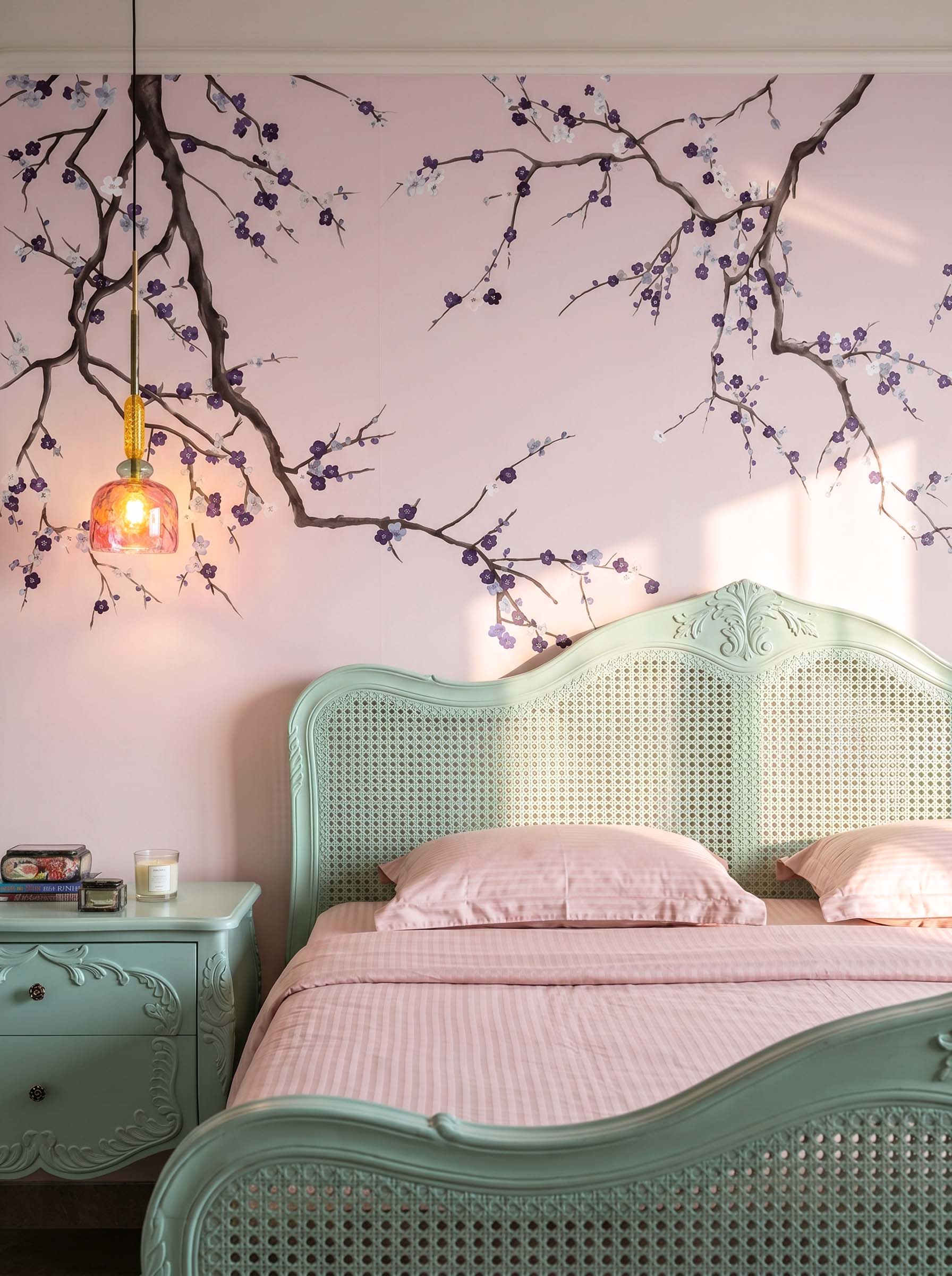 Interior room mockup featuring the Musee Graceful Branches wall mural with elegant Chinoiserie tree branches, creating a serene and sophisticated atmosphere.1 Interior room mockup featuring the Musee Graceful Branches wall mural with elegant Chinoiserie tree branches, creating a serene and sophisticated atmosphere.1