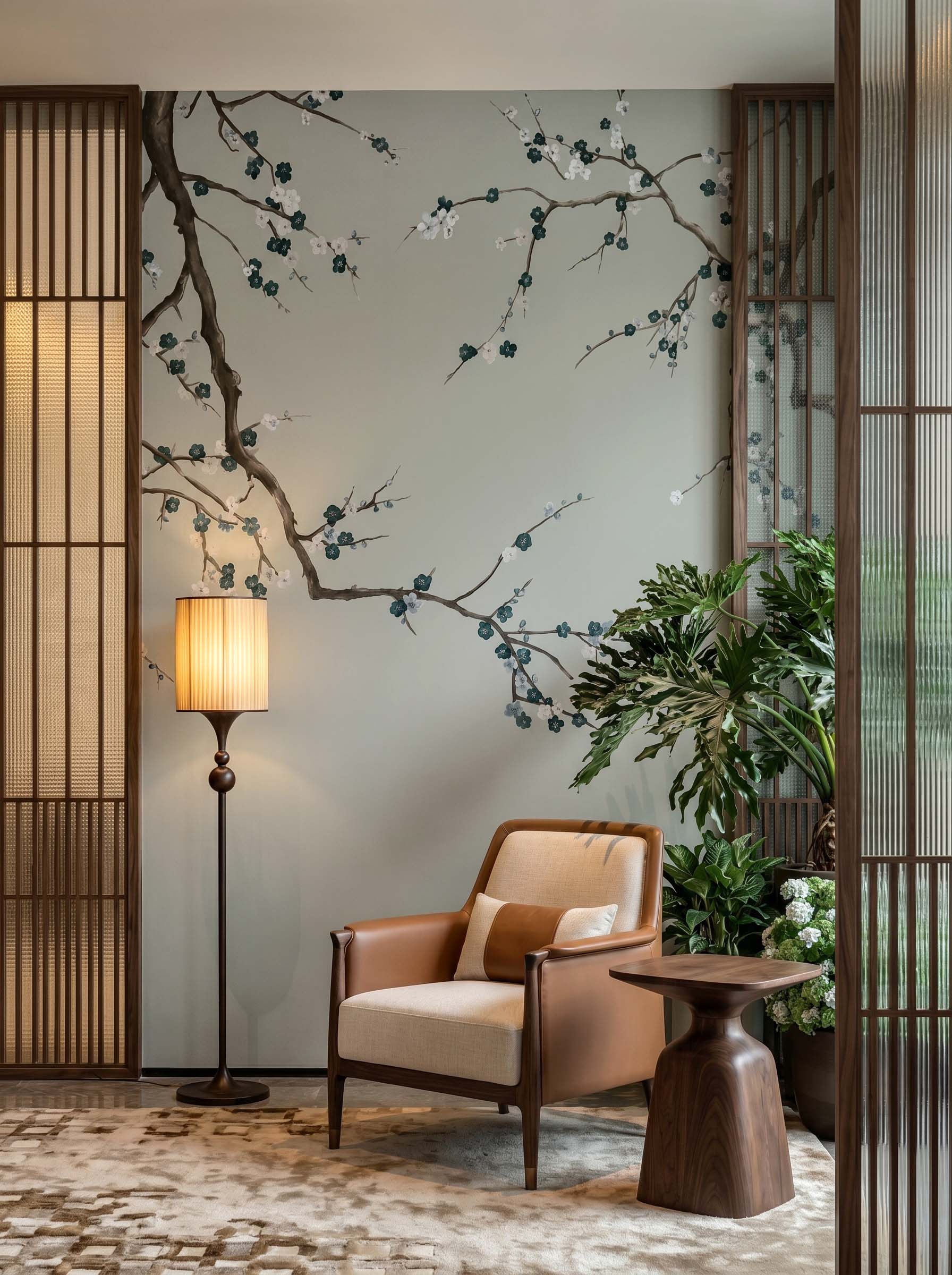 Interior room mockup featuring the Musee Graceful Branches wall mural with elegant Chinoiserie tree branches, creating a serene and sophisticated atmosphere.2 Interior room mockup featuring the Musee Graceful Branches wall mural with elegant Chinoiserie tree branches, creating a serene and sophisticated atmosphere.2