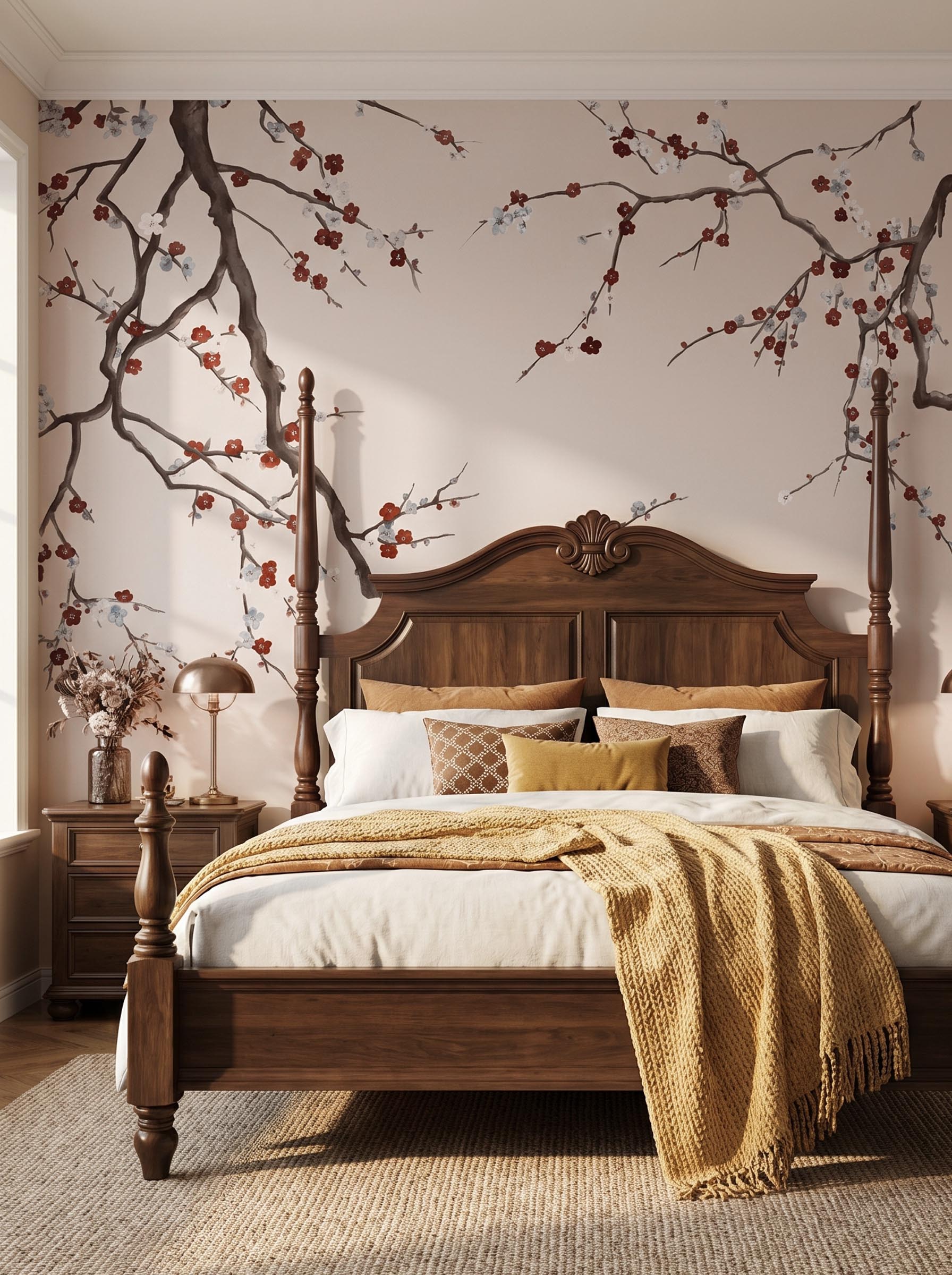 Interior room mockup featuring the Musee Graceful Branches wall mural with elegant Chinoiserie tree branches, creating a serene and sophisticated atmosphere.3 Interior room mockup featuring the Musee Graceful Branches wall mural with elegant Chinoiserie tree branches, creating a serene and sophisticated atmosphere.3