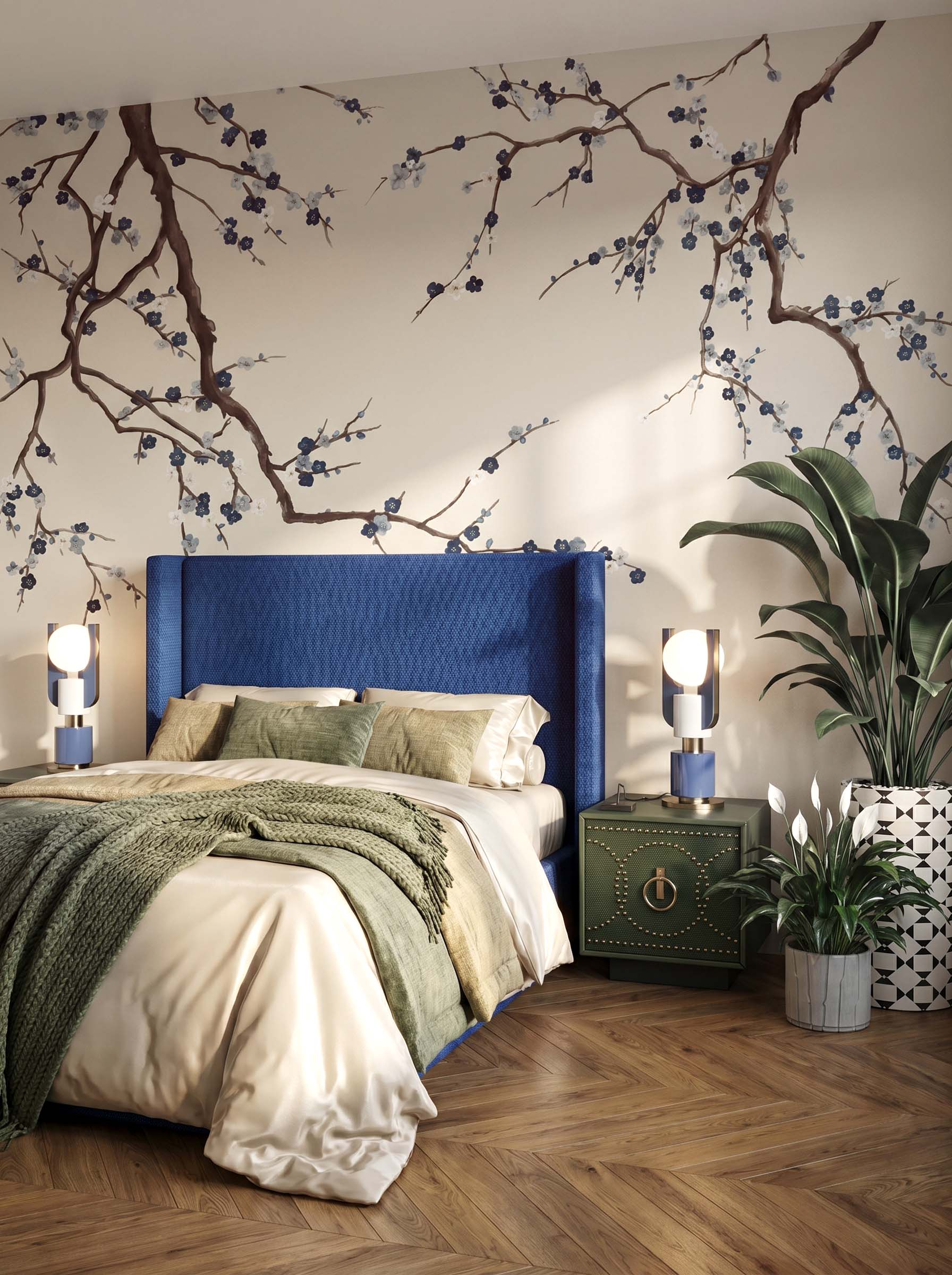 Interior room mockup featuring the Musee Graceful Branches wall mural with elegant Chinoiserie tree branches, creating a serene and sophisticated atmosphere.4 Interior room mockup featuring the Musee Graceful Branches wall mural with elegant Chinoiserie tree branches, creating a serene and sophisticated atmosphere.4