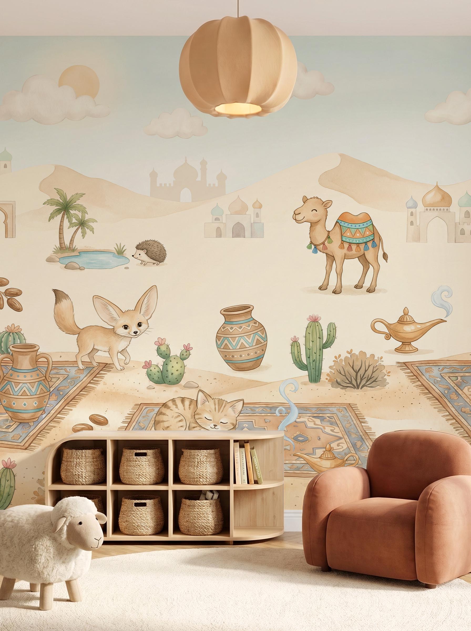 Interior room mockup featuring the Musee Oasis Tales wall mural with watercolor desert animals and magic carpets, creating a warm and imaginative kids room atmosphere.1 Interior room mockup featuring the Musee Oasis Tales wall mural with watercolor desert animals and magic carpets, creating a warm and imaginative kids room atmosphere.1