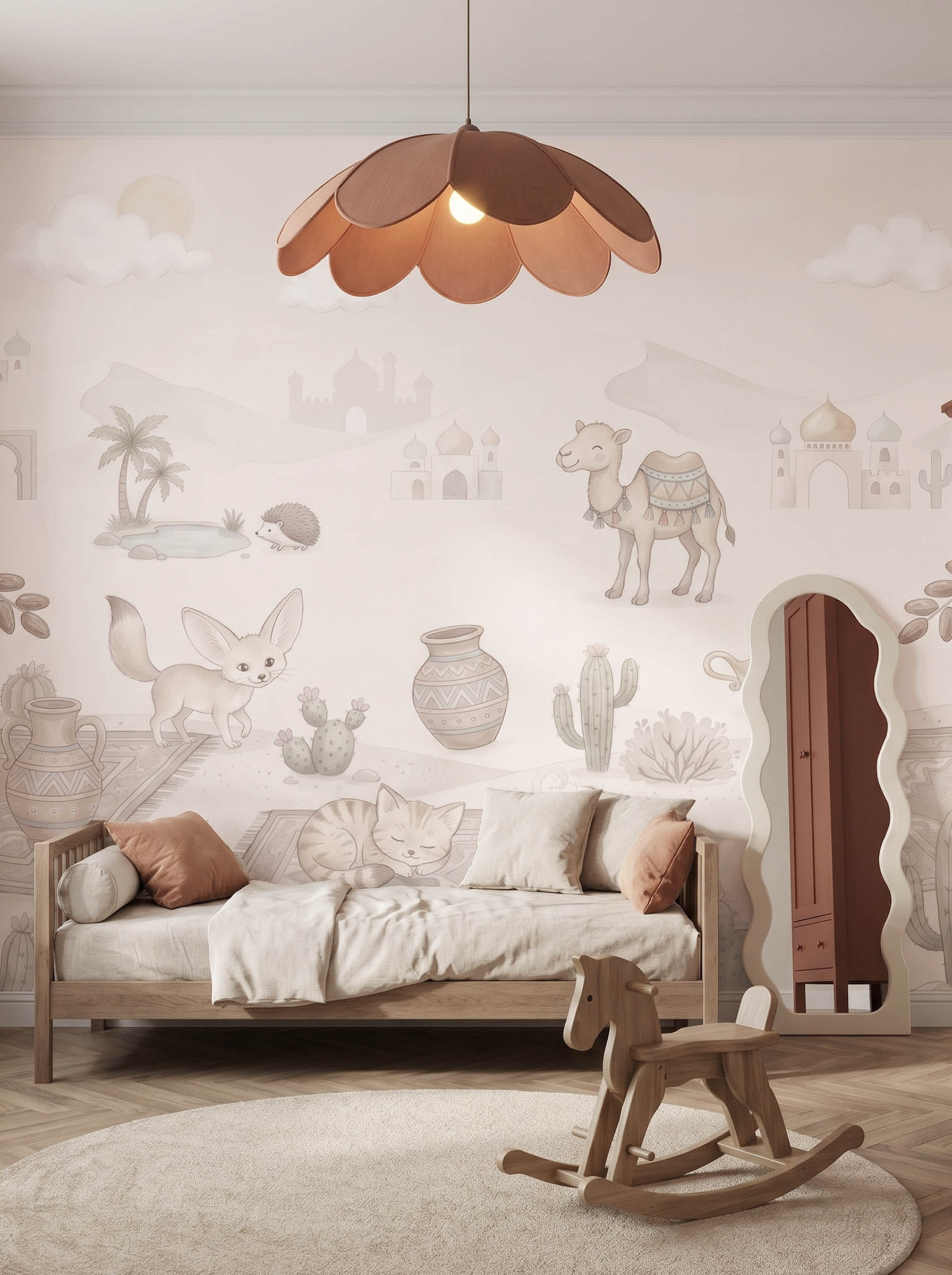 Interior room mockup featuring the Musee Oasis Tales wall mural with watercolor desert animals and magic carpets, creating a warm and imaginative kids room atmosphere.2 Interior room mockup featuring the Musee Oasis Tales wall mural with watercolor desert animals and magic carpets, creating a warm and imaginative kids room atmosphere.2