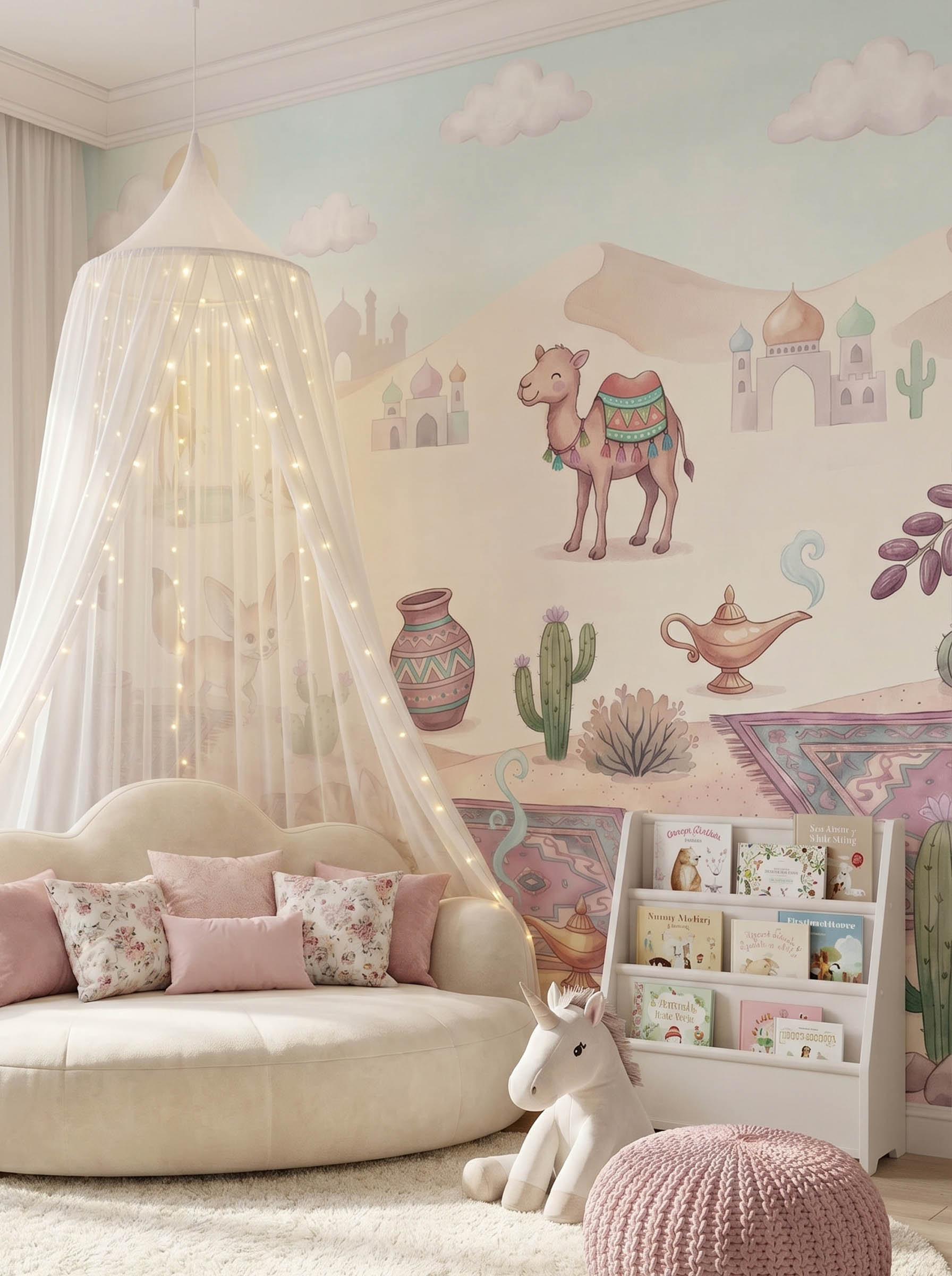 Interior room mockup featuring the Musee Oasis Tales wall mural with watercolor desert animals and magic carpets, creating a warm and imaginative kids room atmosphere.3 Interior room mockup featuring the Musee Oasis Tales wall mural with watercolor desert animals and magic carpets, creating a warm and imaginative kids room atmosphere.3