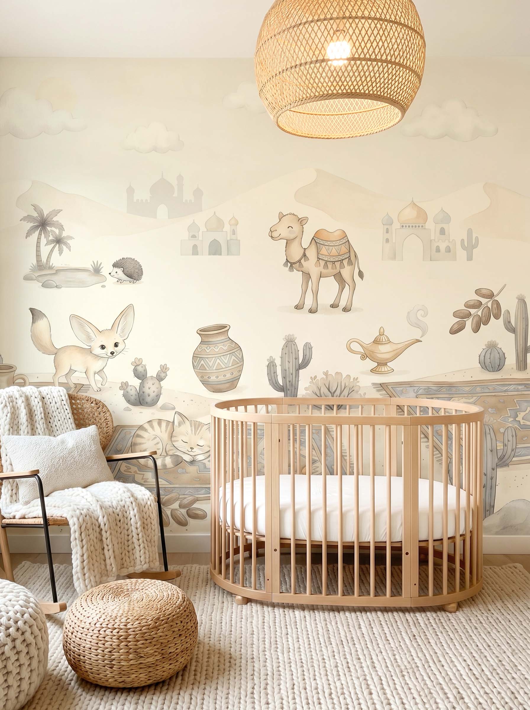 Interior room mockup featuring the Musee Oasis Tales wall mural with watercolor desert animals and magic carpets, creating a warm and imaginative kids room atmosphere.4 Interior room mockup featuring the Musee Oasis Tales wall mural with watercolor desert animals and magic carpets, creating a warm and imaginative kids room atmosphere.4