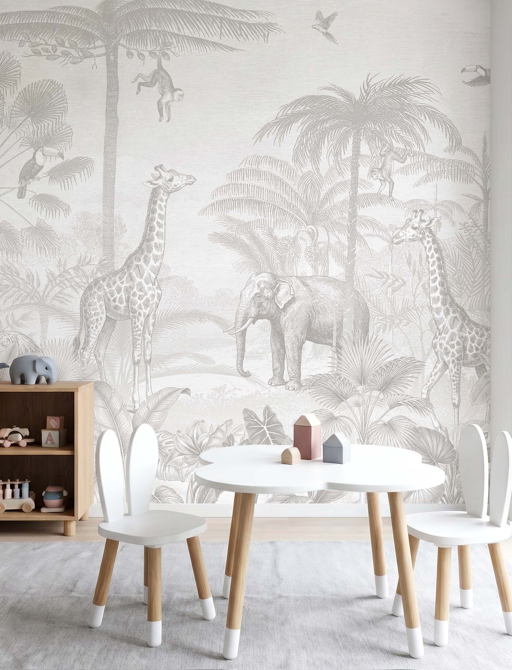 Interior room mockup featuring the Musee Safari Tales wall mural with elegant jungle animals, creating a sophisticated and adventurous kids room atmosphere.1 Interior room mockup featuring the Musee Safari Tales wall mural with elegant jungle animals, creating a sophisticated and adventurous kids room atmosphere.1