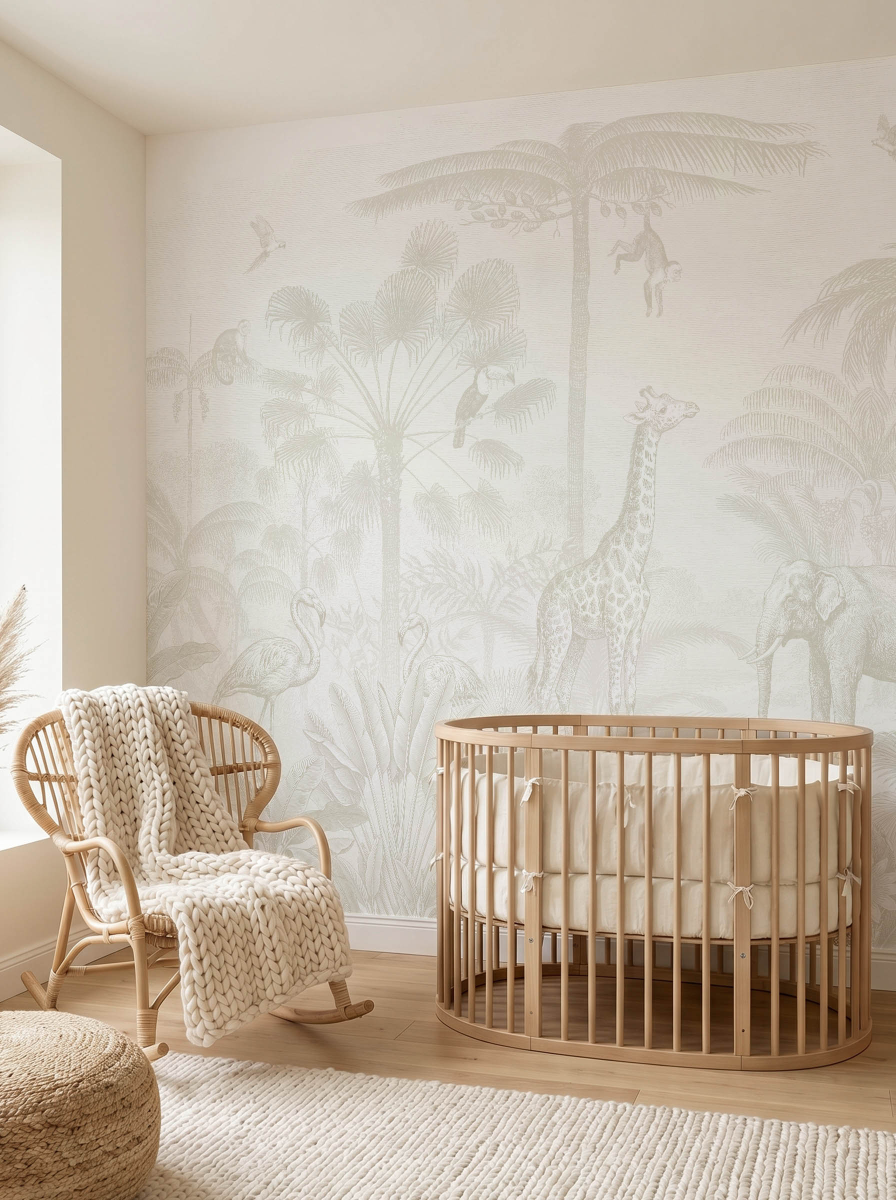 Interior room mockup featuring the Musee Safari Tales wall mural with elegant jungle animals, creating a sophisticated and adventurous kids room atmosphere.2 Interior room mockup featuring the Musee Safari Tales wall mural with elegant jungle animals, creating a sophisticated and adventurous kids room atmosphere.2