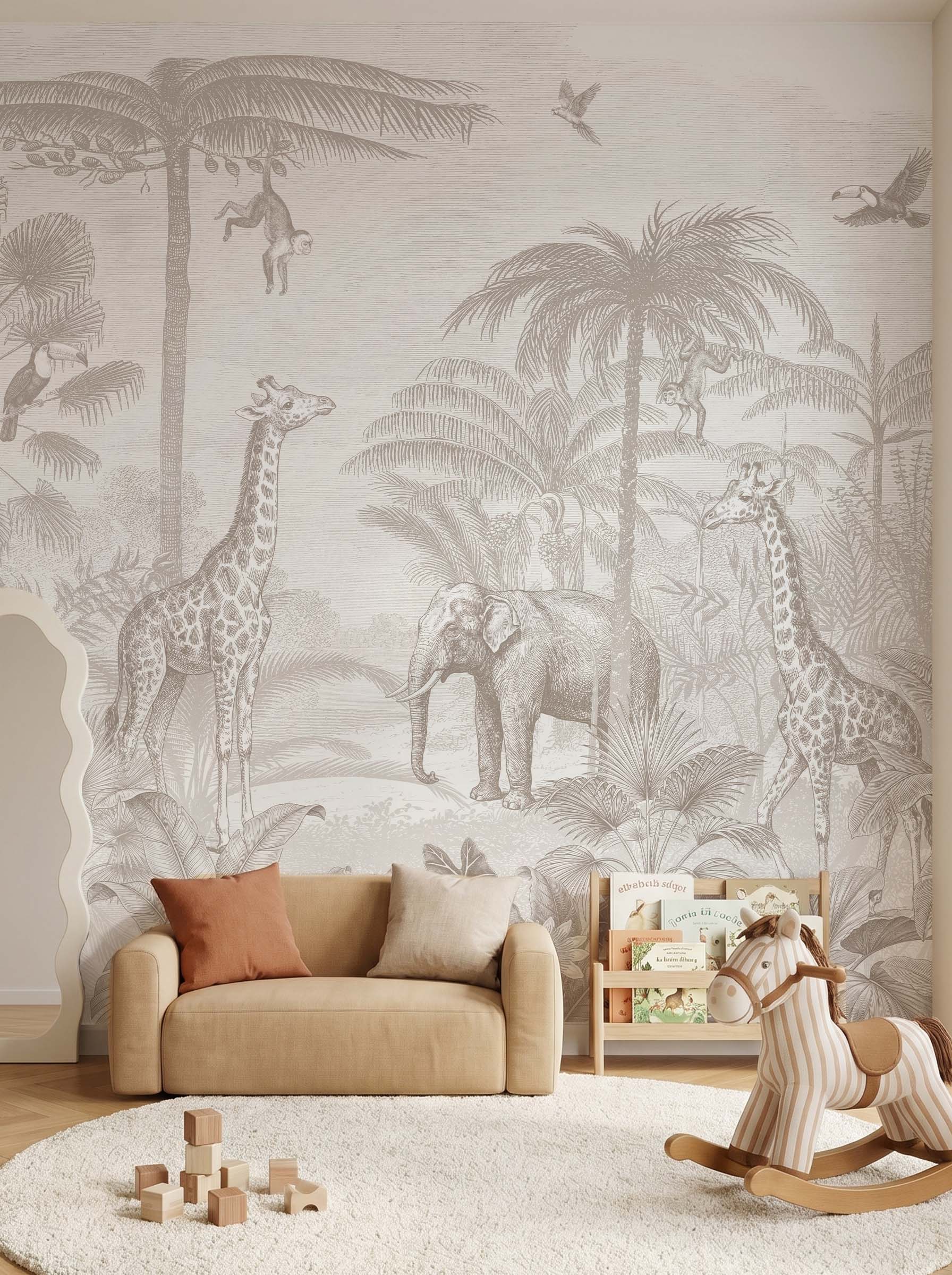 Interior room mockup featuring the Musee Safari Tales wall mural with elegant jungle animals, creating a sophisticated and adventurous kids room atmosphere.3 Interior room mockup featuring the Musee Safari Tales wall mural with elegant jungle animals, creating a sophisticated and adventurous kids room atmosphere.3