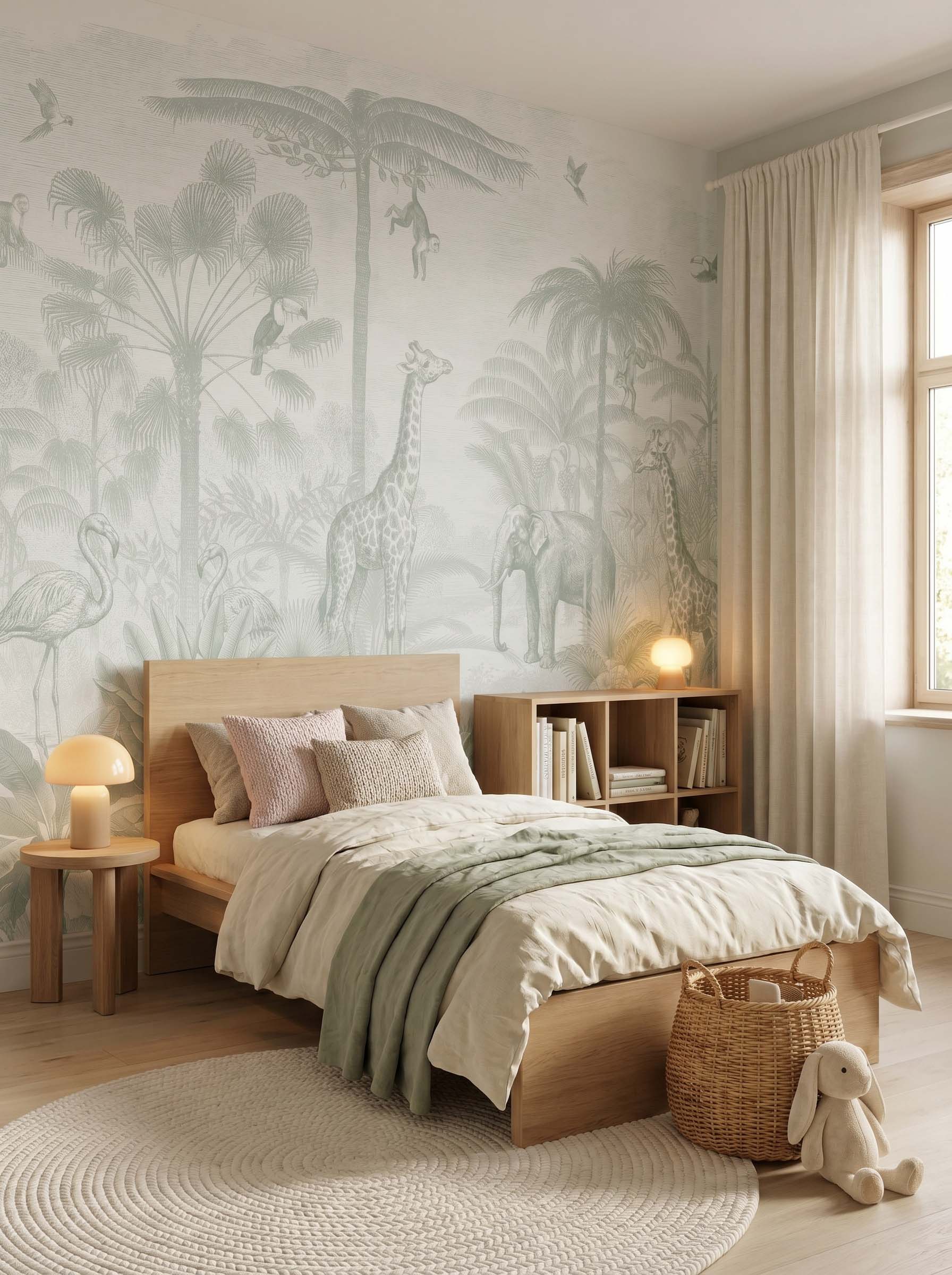 Interior room mockup featuring the Musee Safari Tales wall mural with elegant jungle animals, creating a sophisticated and adventurous kids room atmosphere.4 Interior room mockup featuring the Musee Safari Tales wall mural with elegant jungle animals, creating a sophisticated and adventurous kids room atmosphere.4