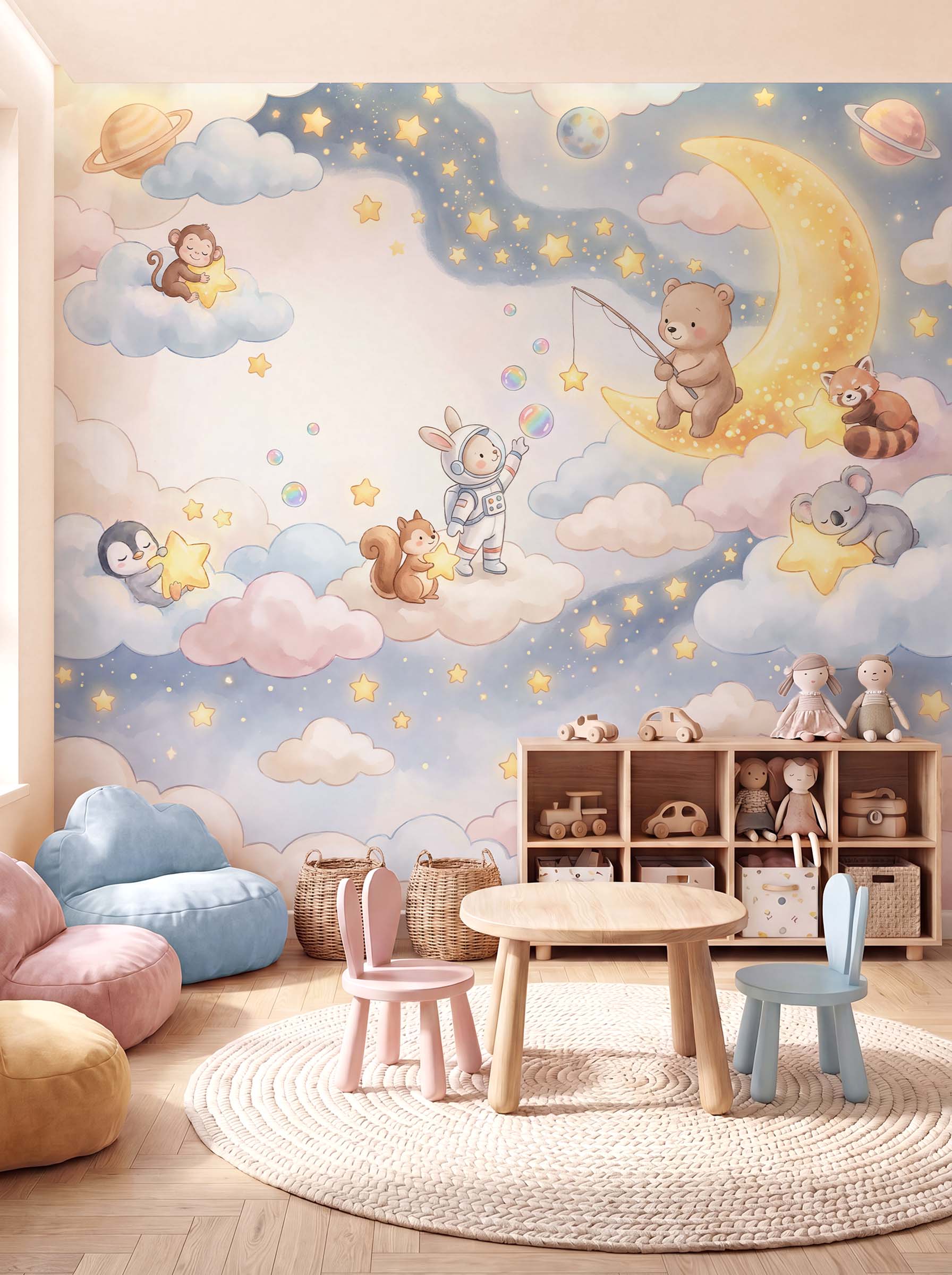 Interior room mockup featuring the Musee Starry Lullaby wall mural with a watercolor night sky and sweet animals, creating a peaceful and imaginative kids room atmosphere.1 Interior room mockup featuring the Musee Starry Lullaby wall mural with a watercolor night sky and sweet animals, creating a peaceful and imaginative kids room atmosphere.1