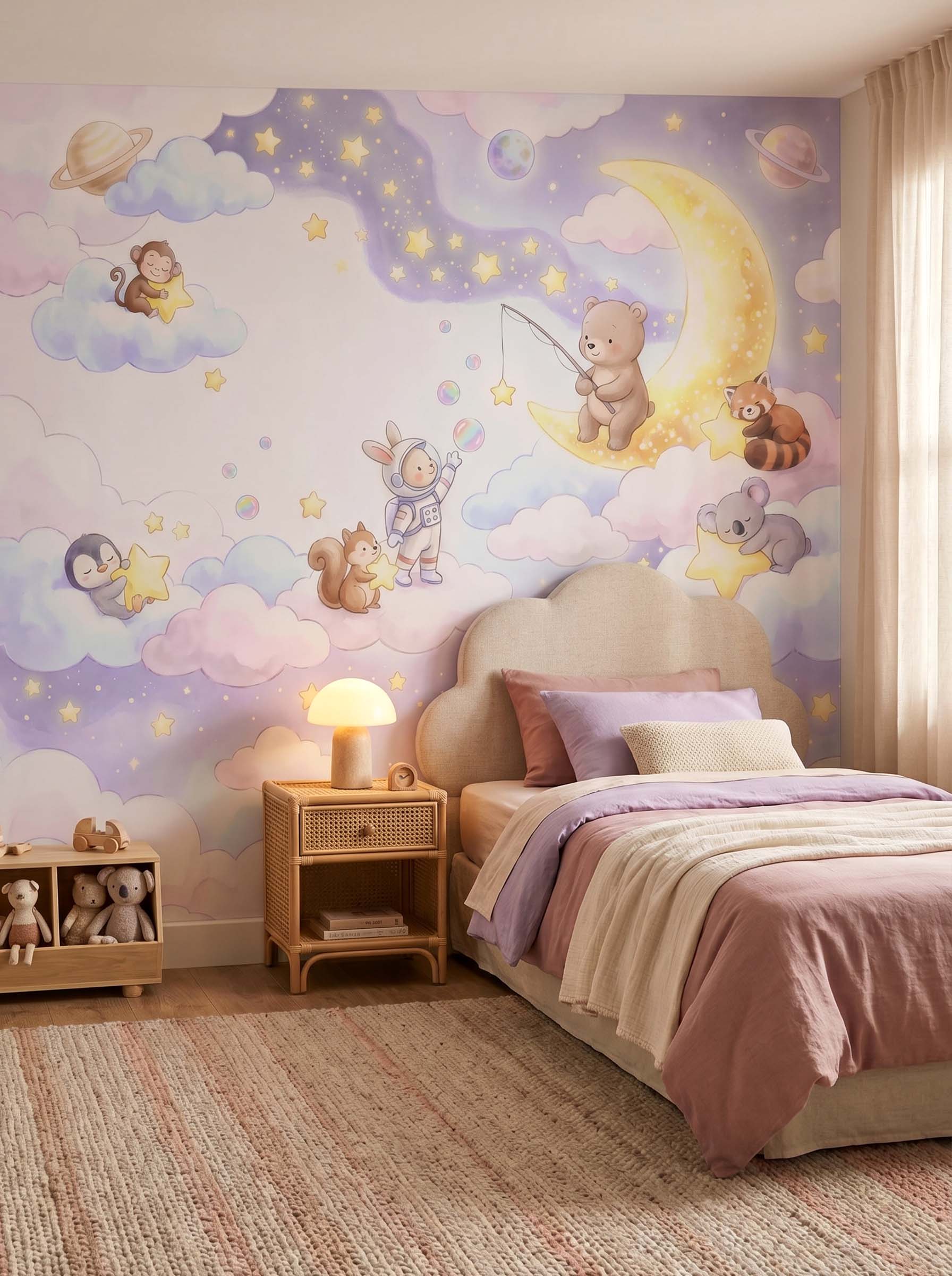 Interior room mockup featuring the Musee Starry Lullaby wall mural with a watercolor night sky and sweet animals, creating a peaceful and imaginative kids room atmosphere.2 Interior room mockup featuring the Musee Starry Lullaby wall mural with a watercolor night sky and sweet animals, creating a peaceful and imaginative kids room atmosphere.2