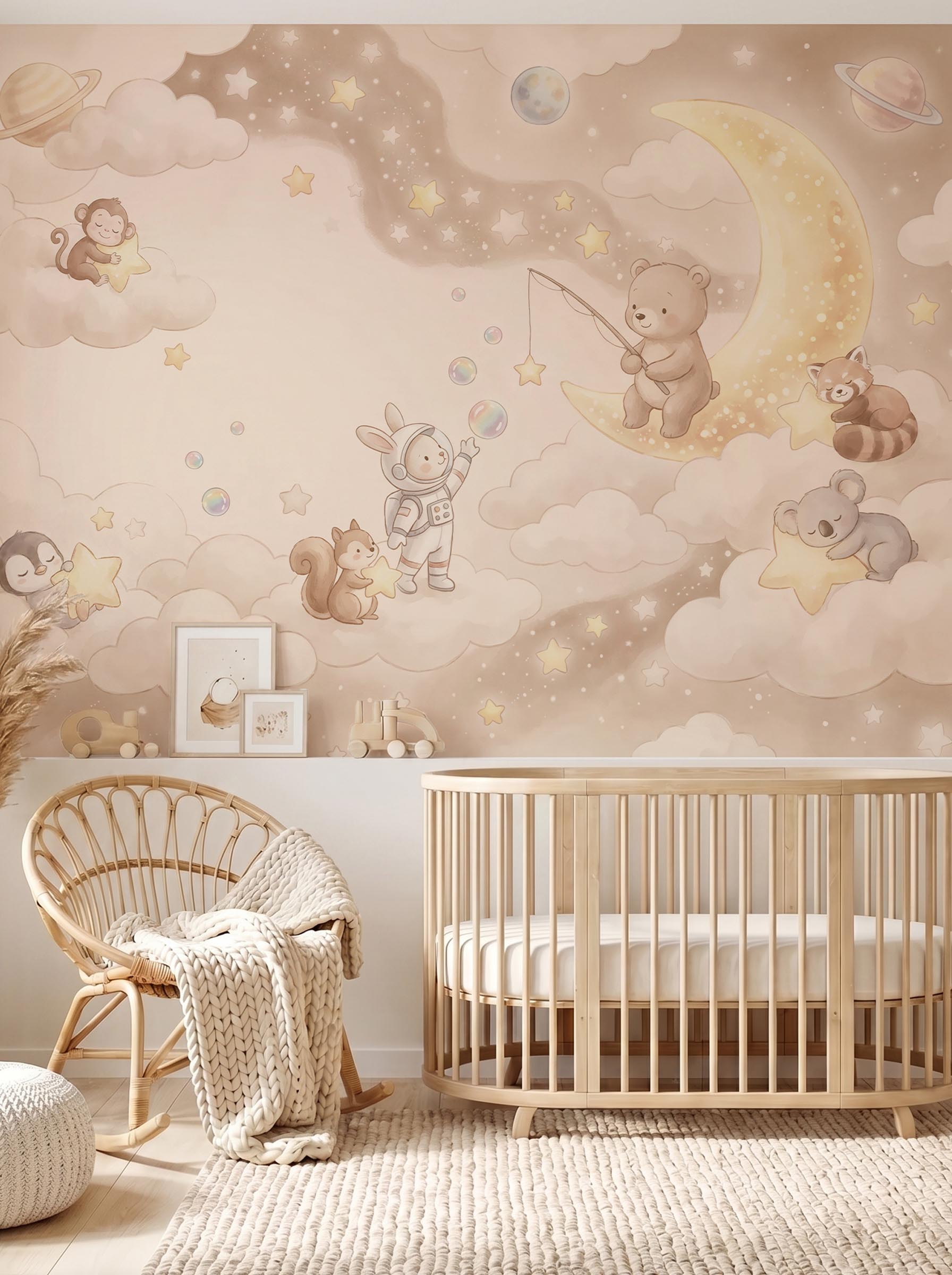 Interior room mockup featuring the Musee Starry Lullaby wall mural with a watercolor night sky and sweet animals, creating a peaceful and imaginative kids room atmosphere.3 Interior room mockup featuring the Musee Starry Lullaby wall mural with a watercolor night sky and sweet animals, creating a peaceful and imaginative kids room atmosphere.3